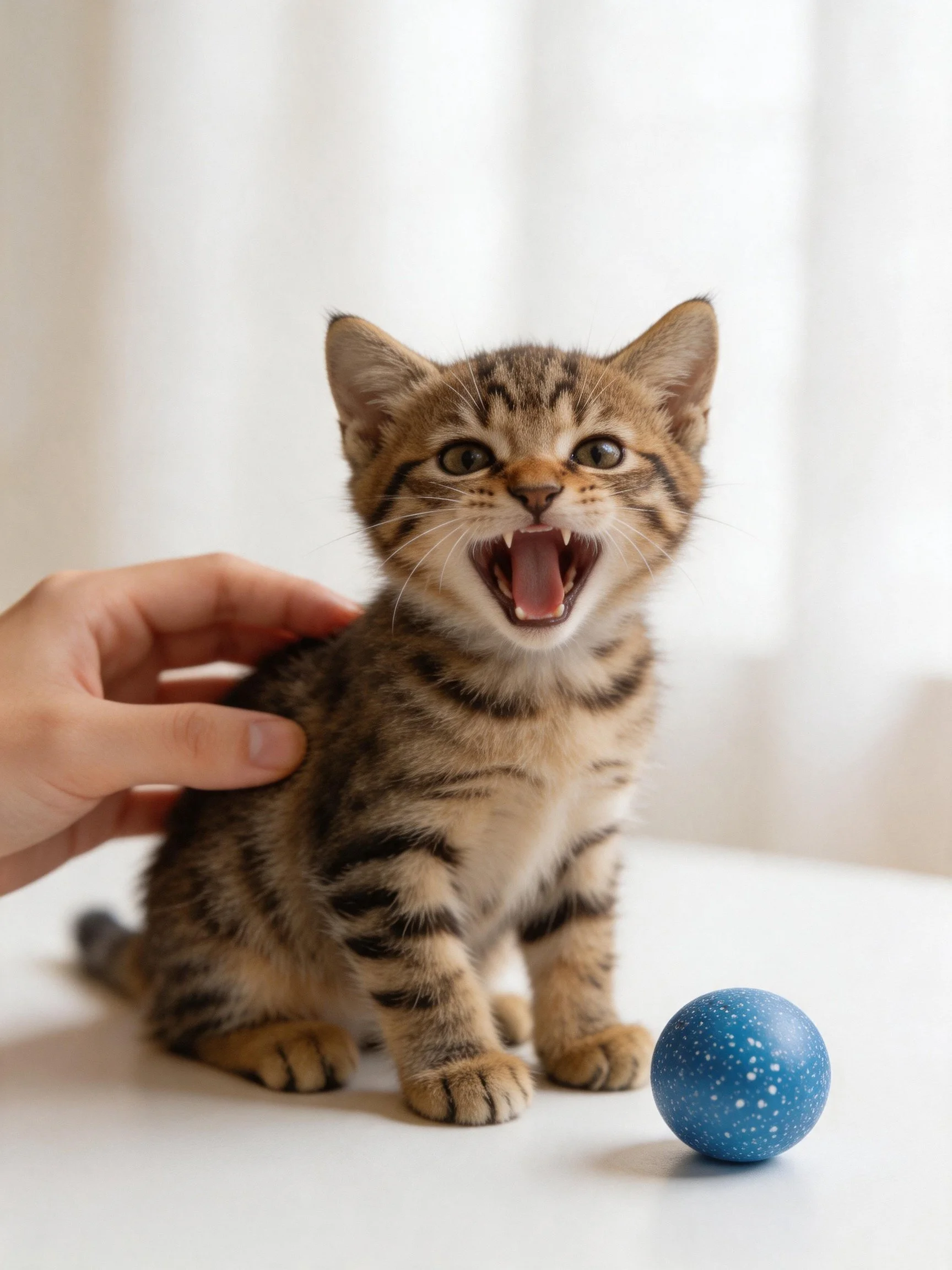 A tabby kitten yawns near blue ball, hand petting