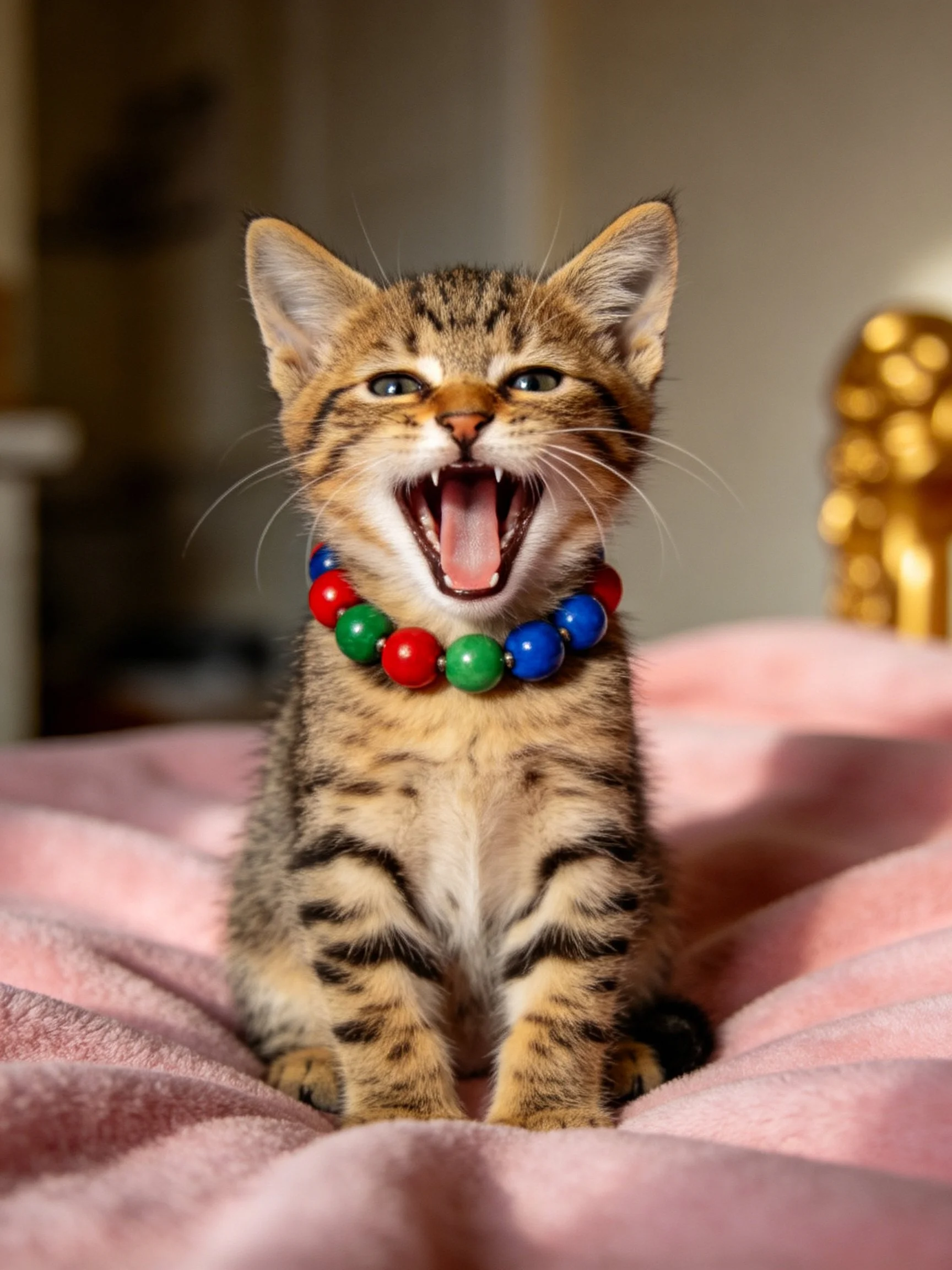 A tabby kitten yawns wearing a colorful beaded necklace on a soft pink blanket