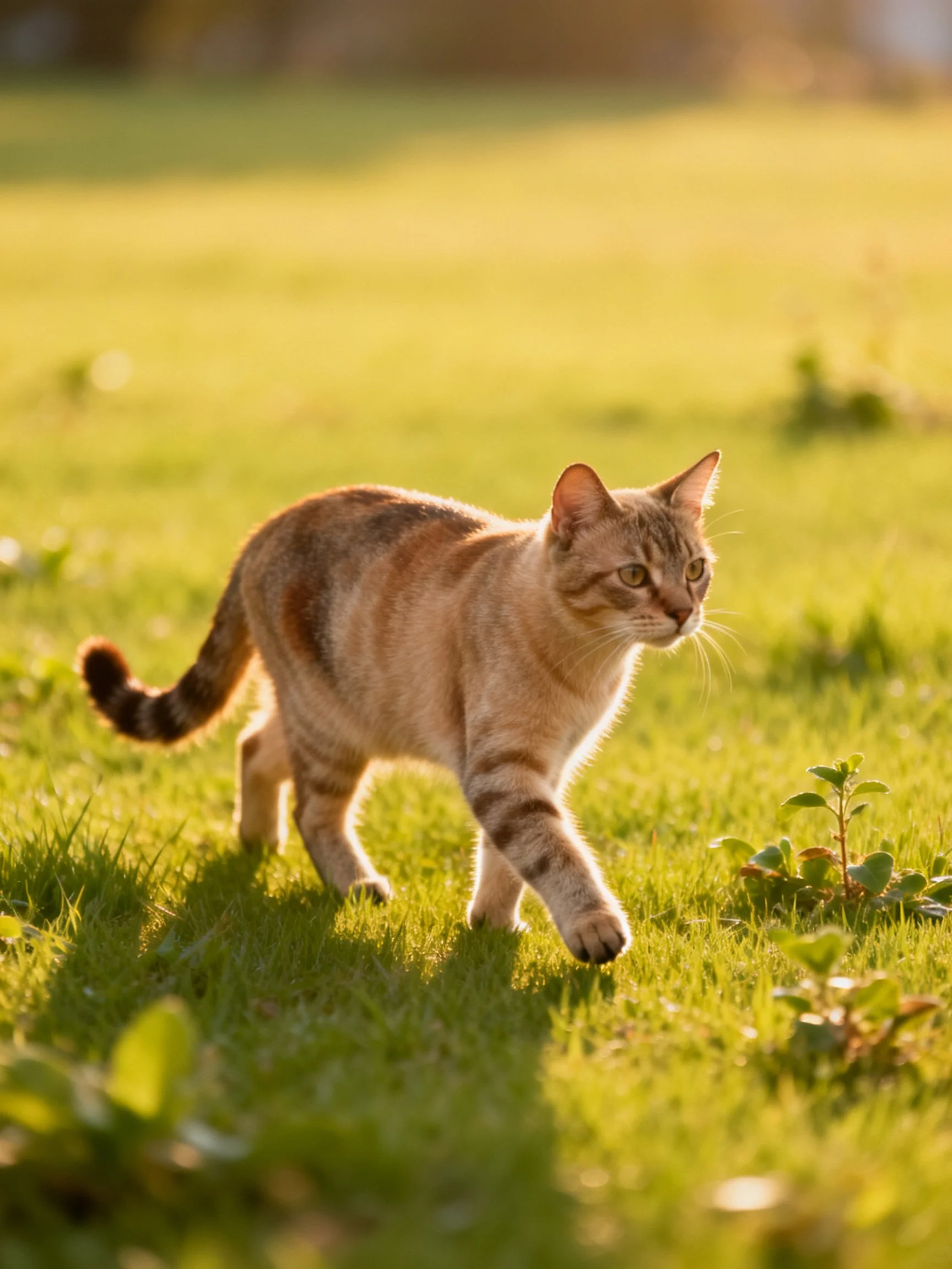 A single tabby cat roams a sunlit grassy landscape.