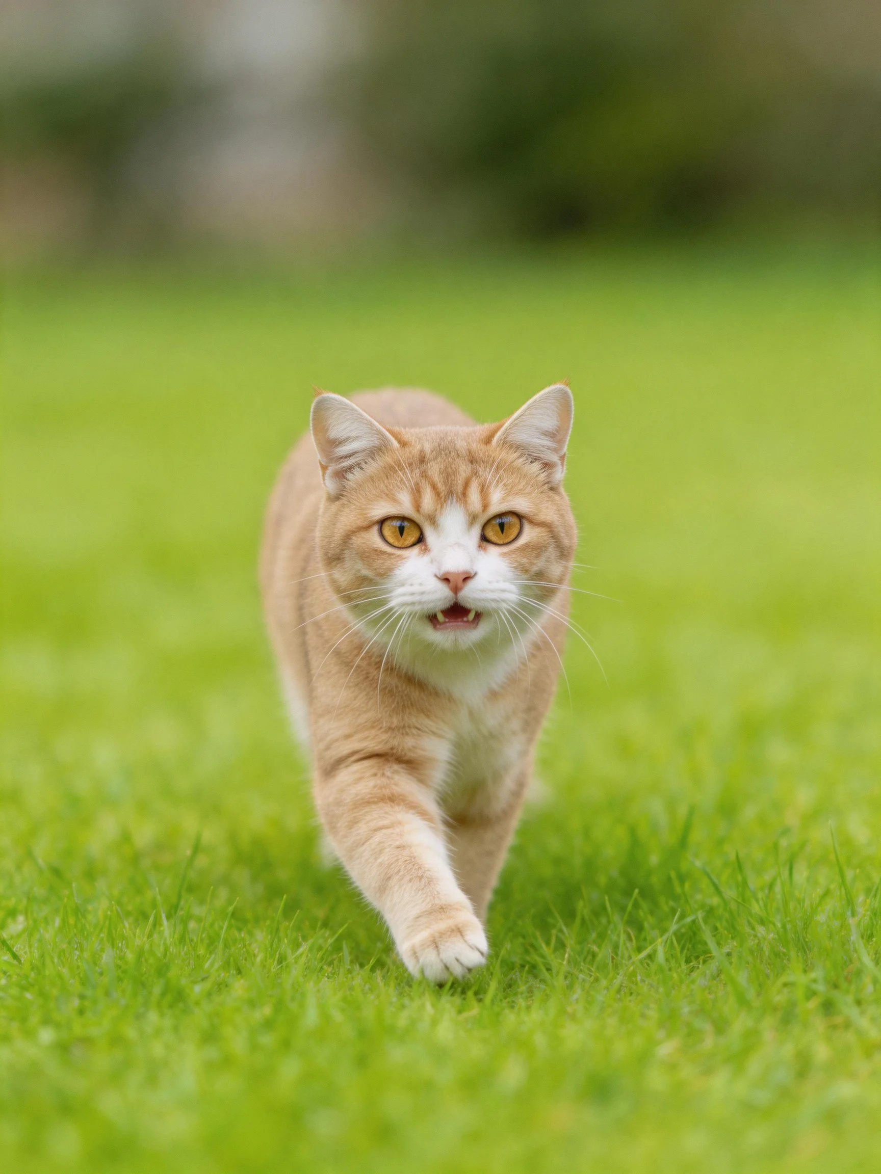 A tan and white cat moves on green grass.