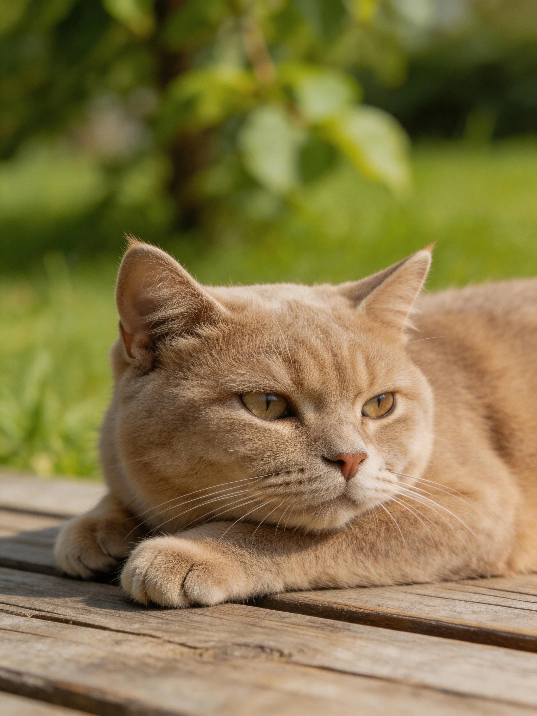 A tan cat lounges on weathered wooden planks outdoors