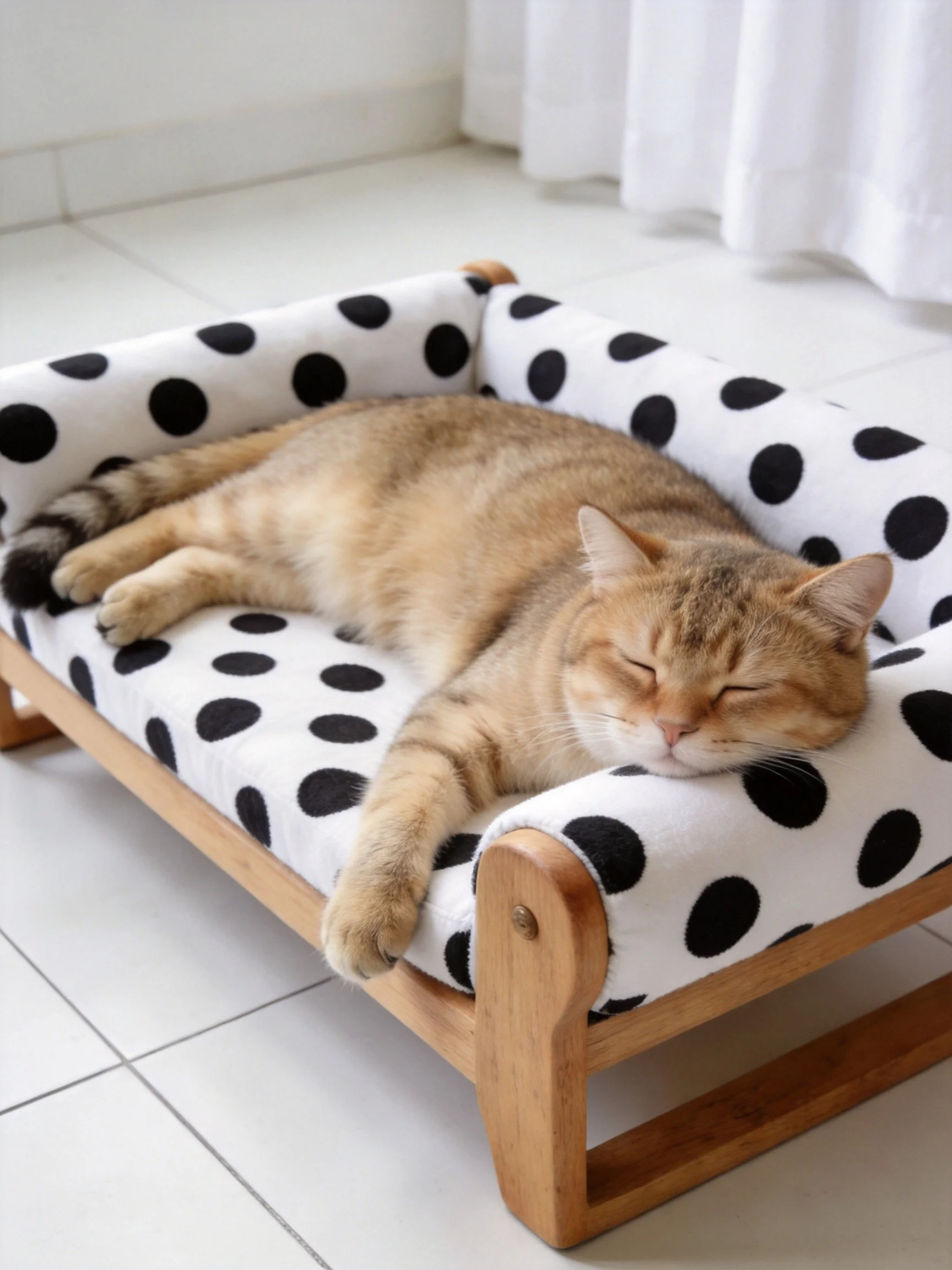 A tan cat rests comfortably in a black-and-white dotted wooden pet bed.