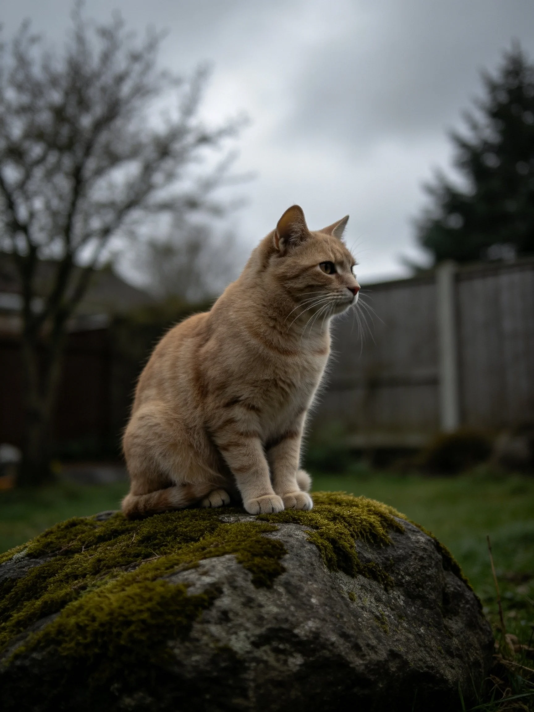 A tan cat sits atop a moss-covered stone in a backyard