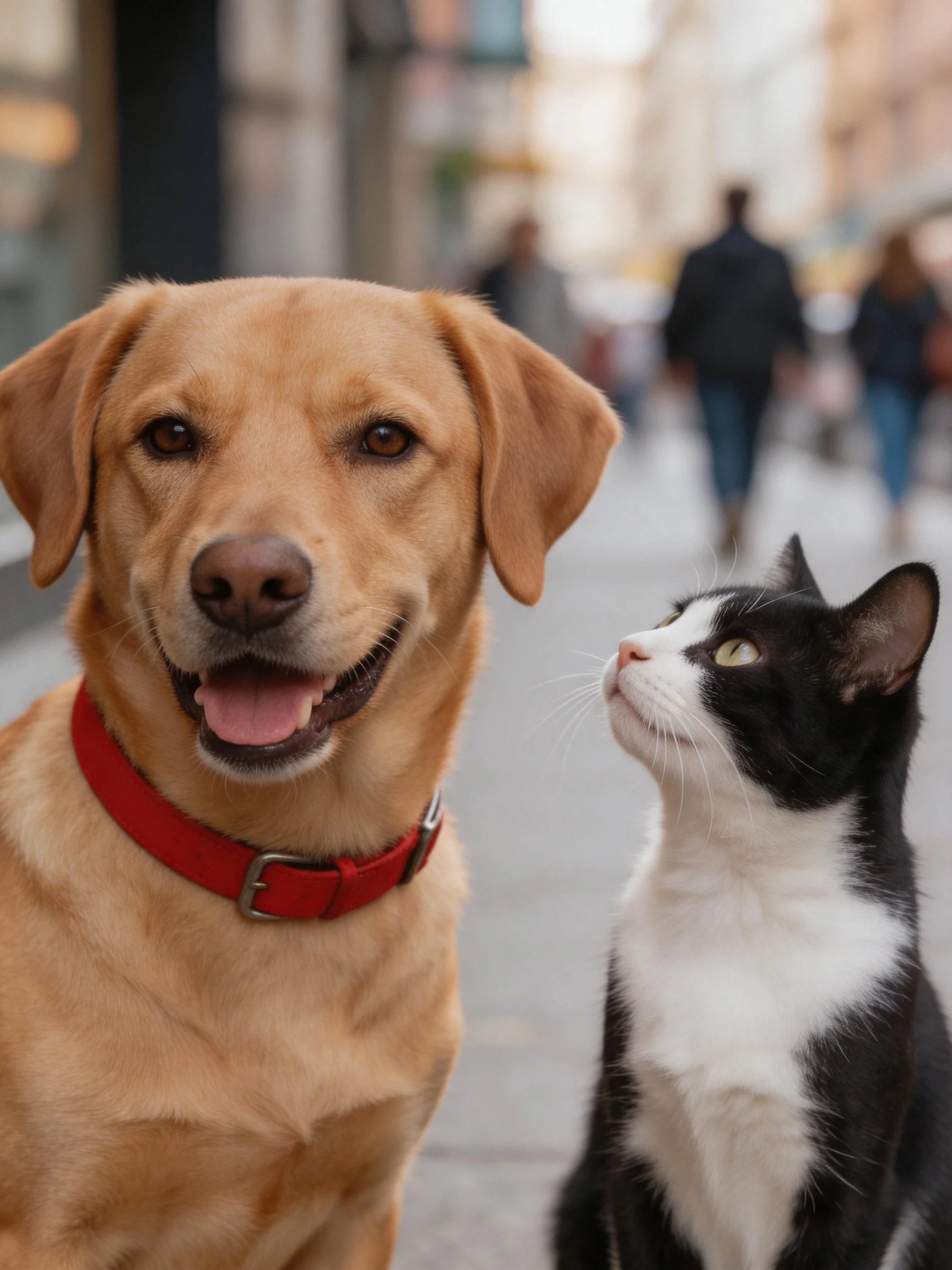 A tan dog with a red collar stands beside a black - white cat on a city street
