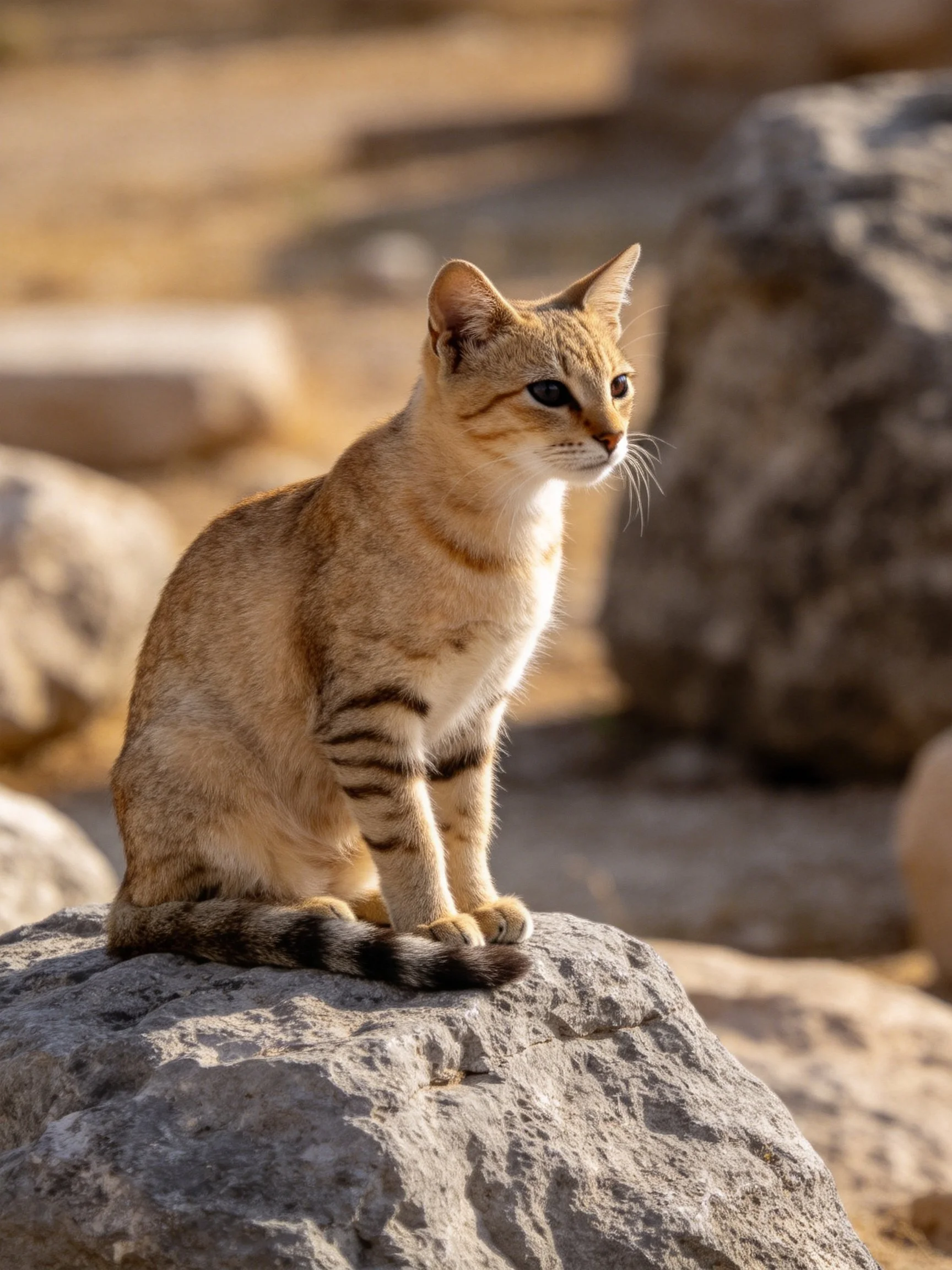 A tan tabby cat sits on a large rock among scattered stones