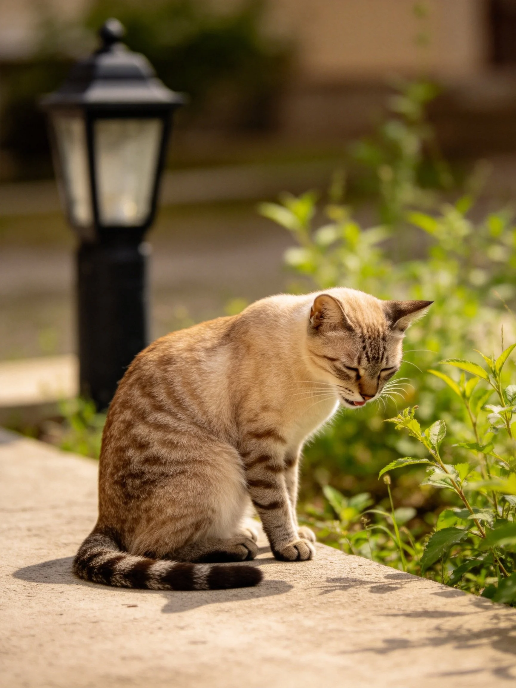 A tan tabby cat rests near greenery next to a black lamp post in sunlight