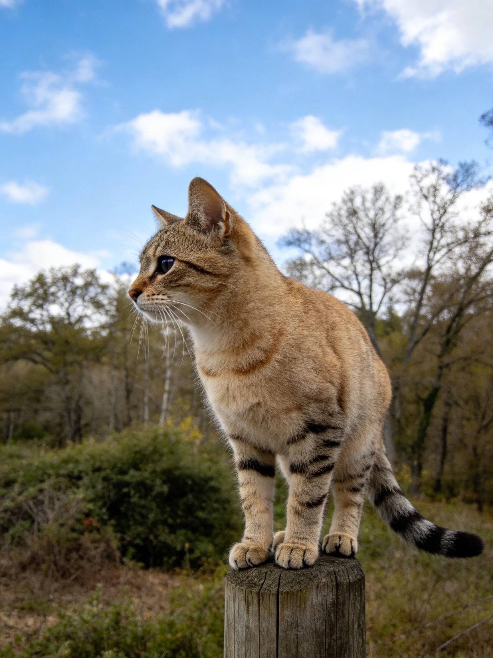 A tan tabby cat stands alert on a weathered wooden post
