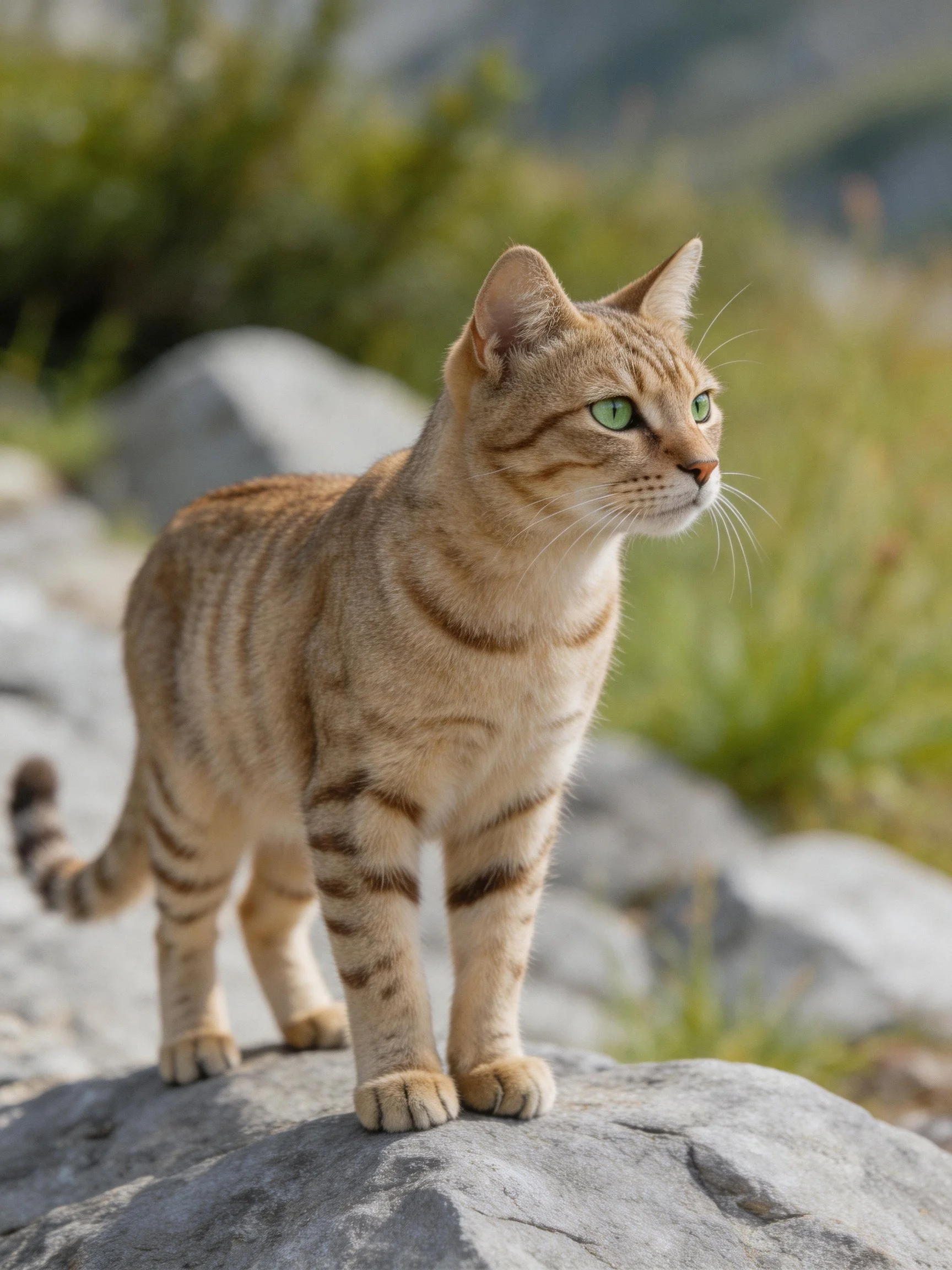 A tan tabby cat stands alertly on a gray rock outdoors