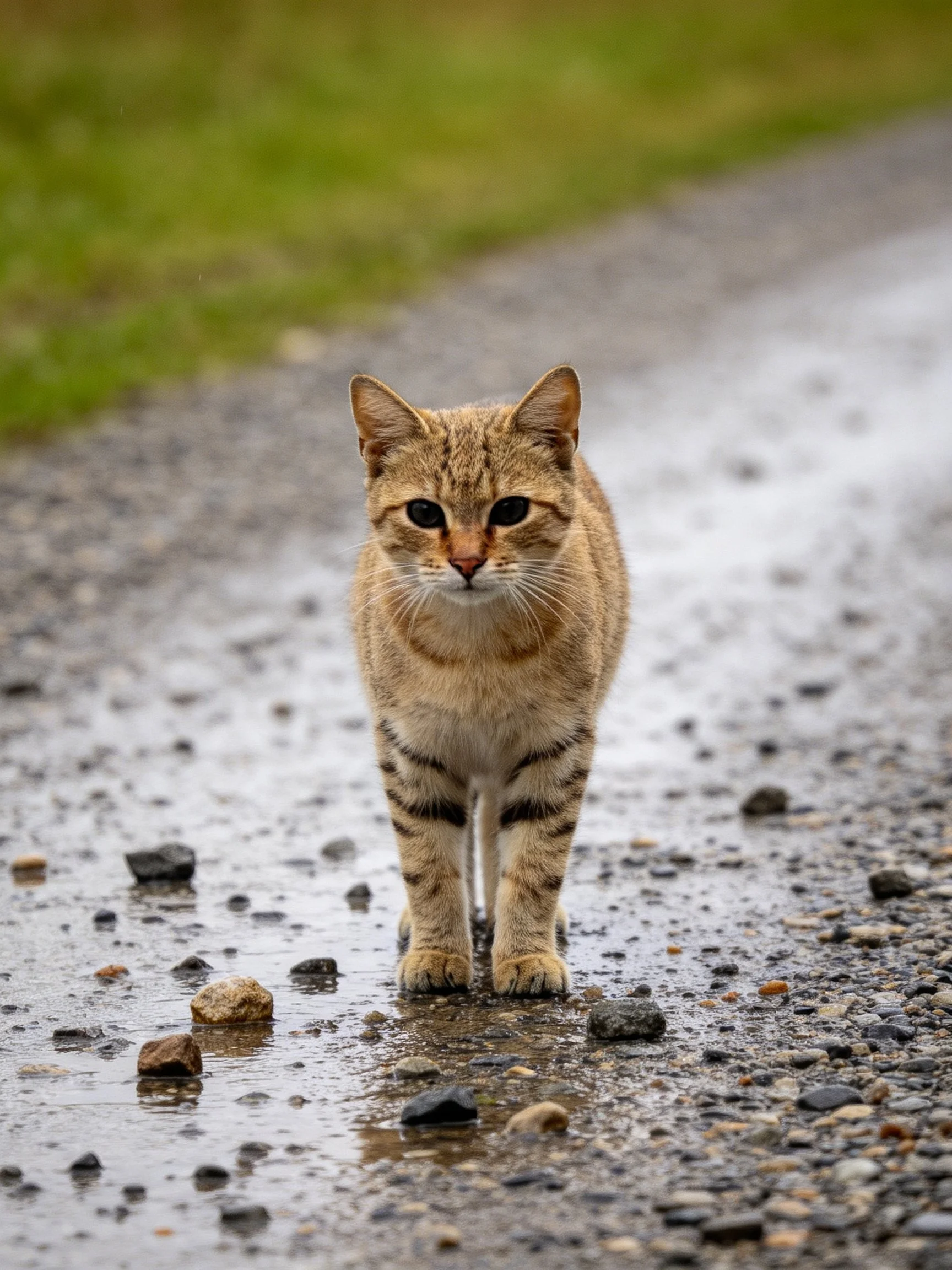 A tan tabby cat walks on a wet gravel path with scattered rocks