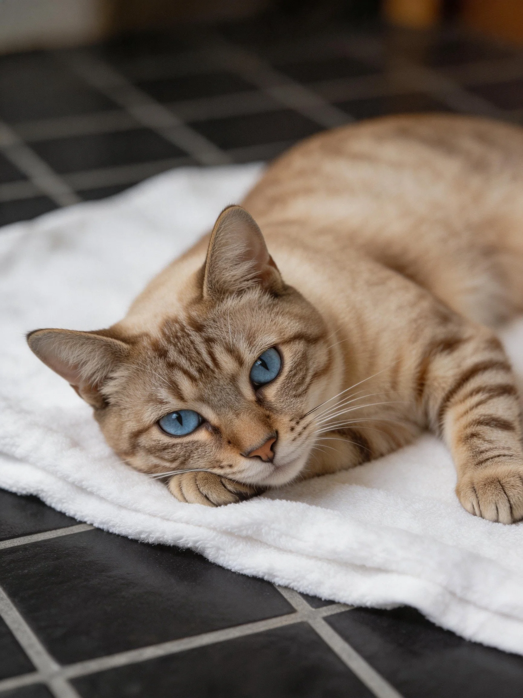 A tan tabby cat with blue eyes rests on a white towel over dark tiles
