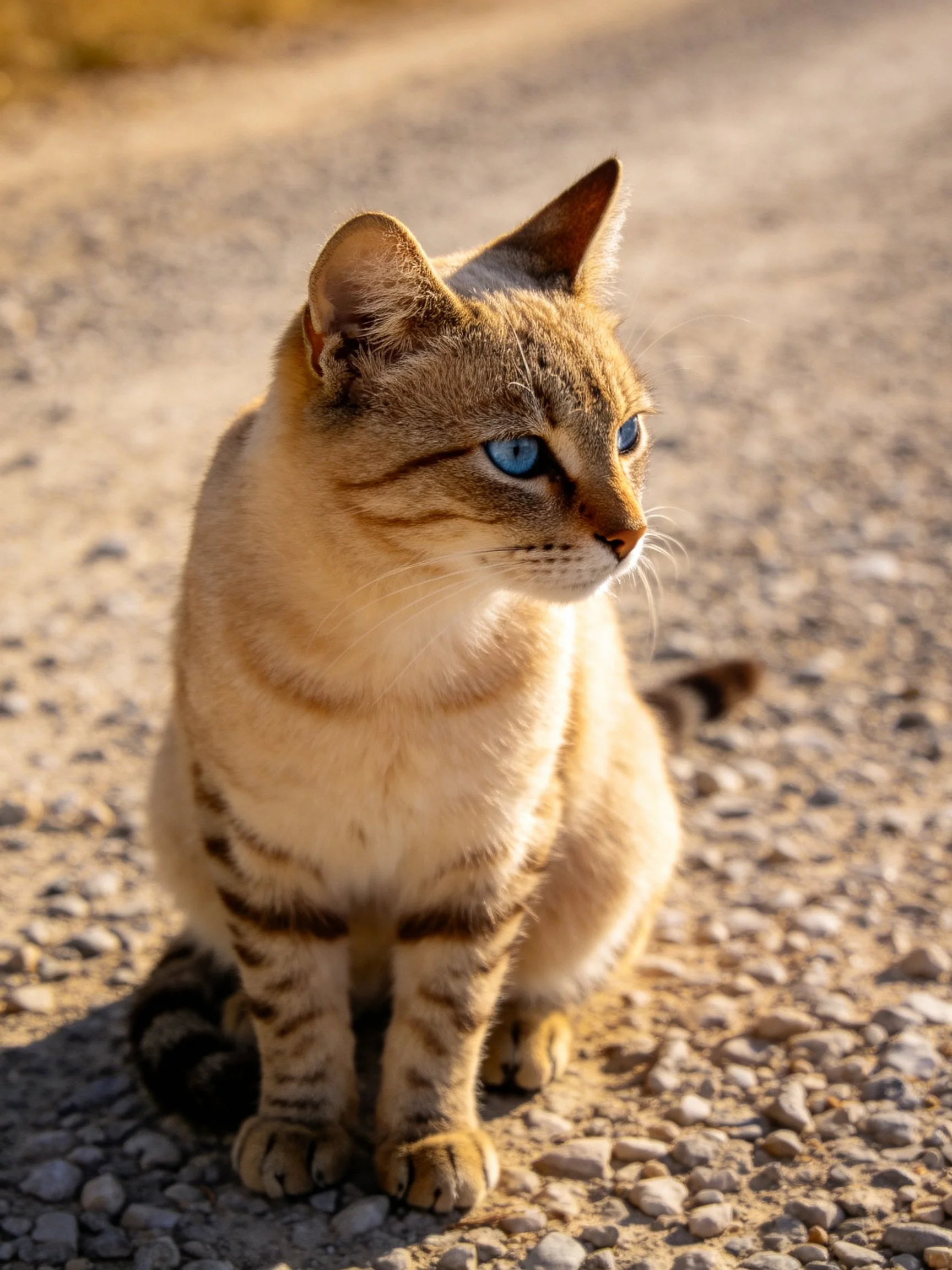 A tan tabby cat with blue eyes rests on a gravel surface.