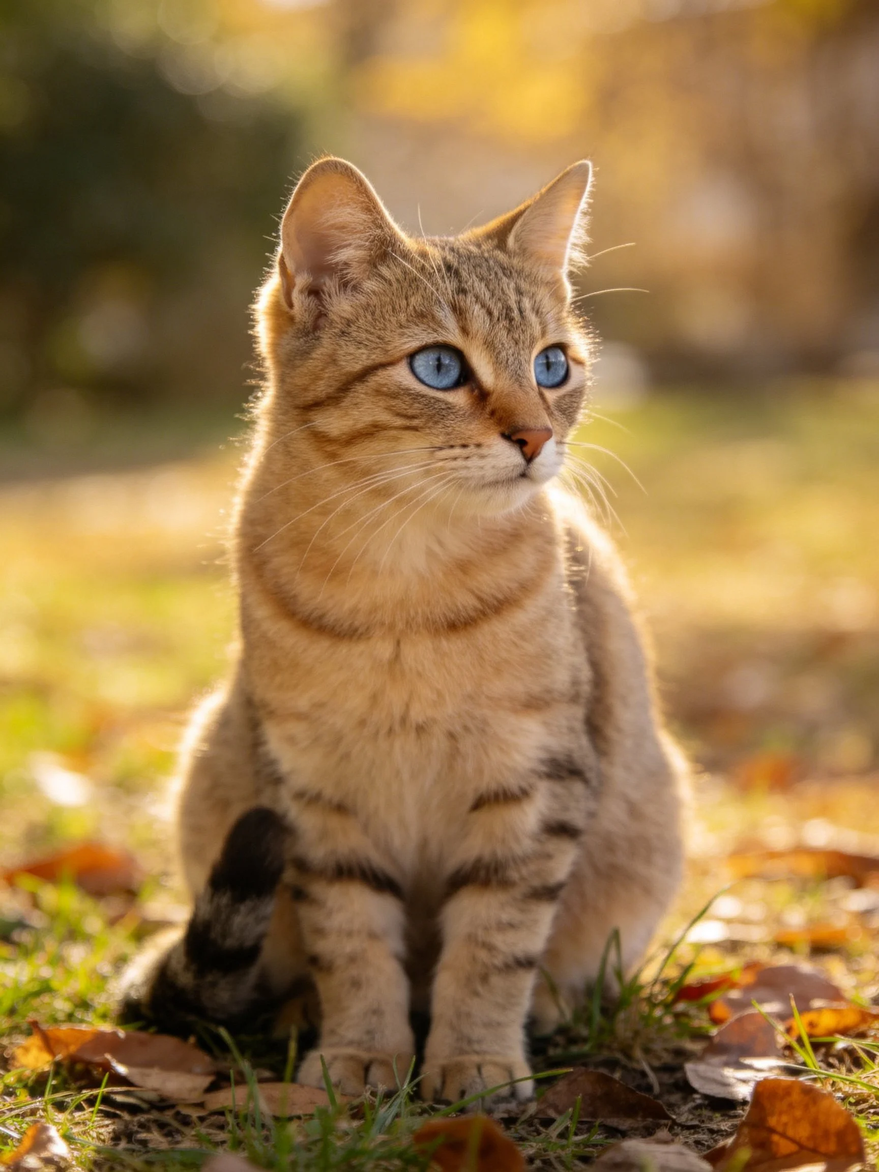 A tan tabby cat with blue eyes rests near fallen leaves in a sunlit outdoor space.