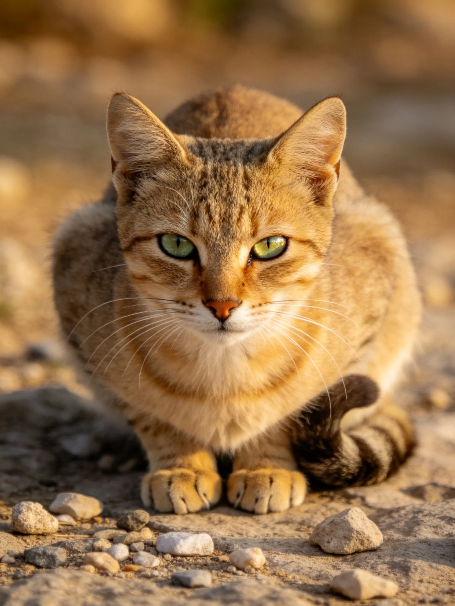 A tan tabby cat with green eyes rests on a rocky outdoor area.