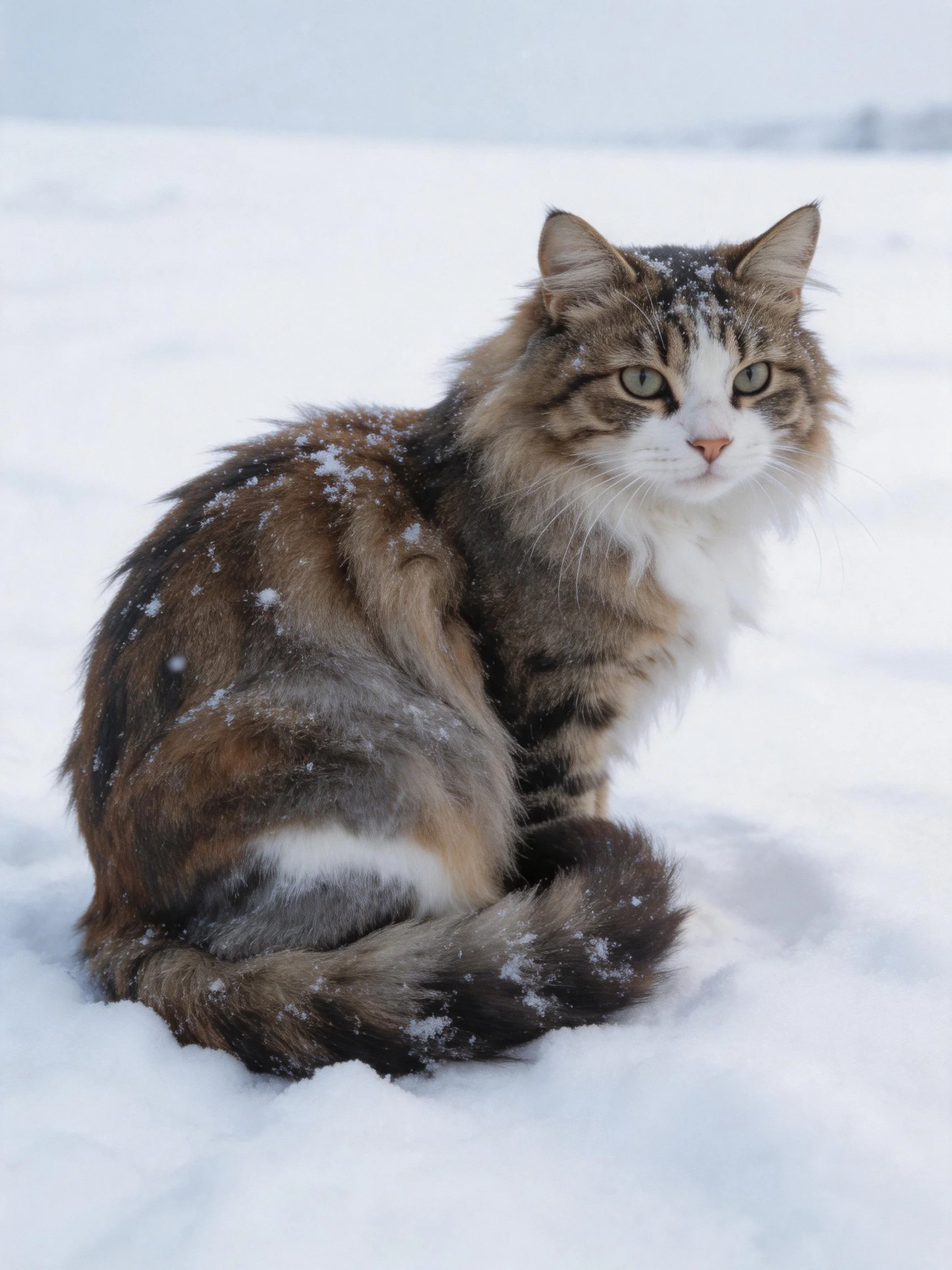 A thick-furred multi-colored cat rests in snowy landscape