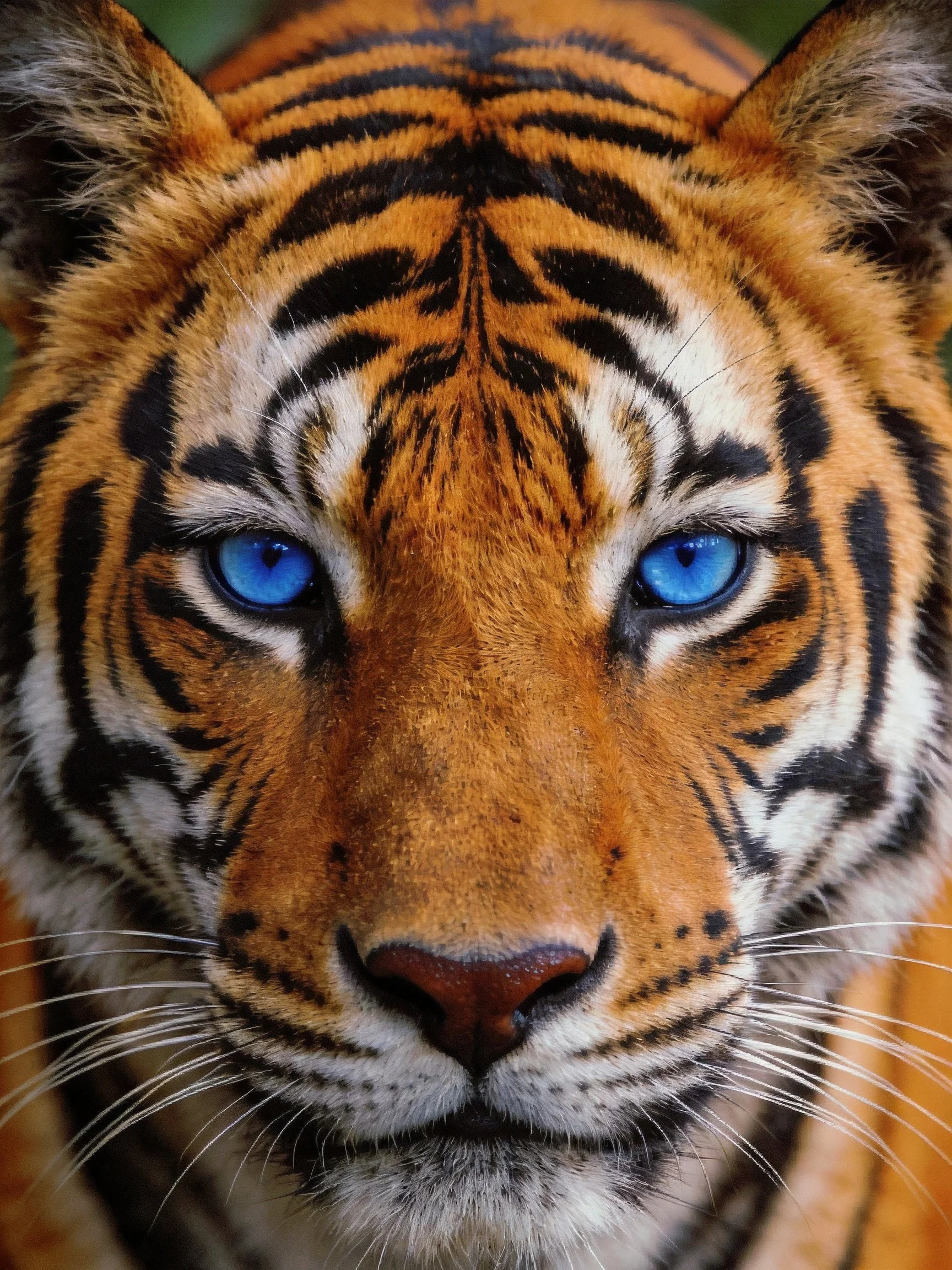 A tiger with striking blue eyes and bold black stripes