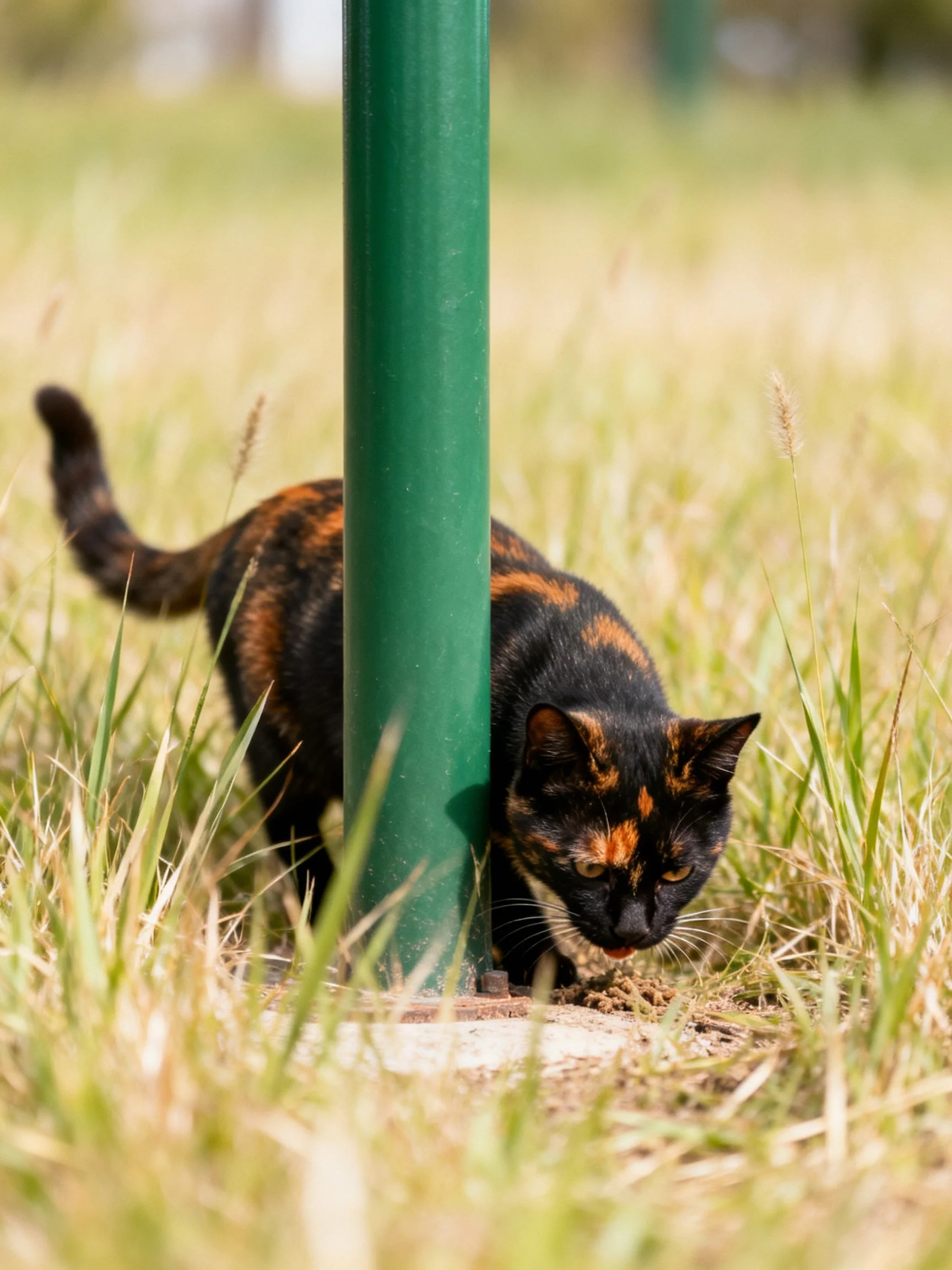 A tortoiseshell cat explores near a green pole in tall grass