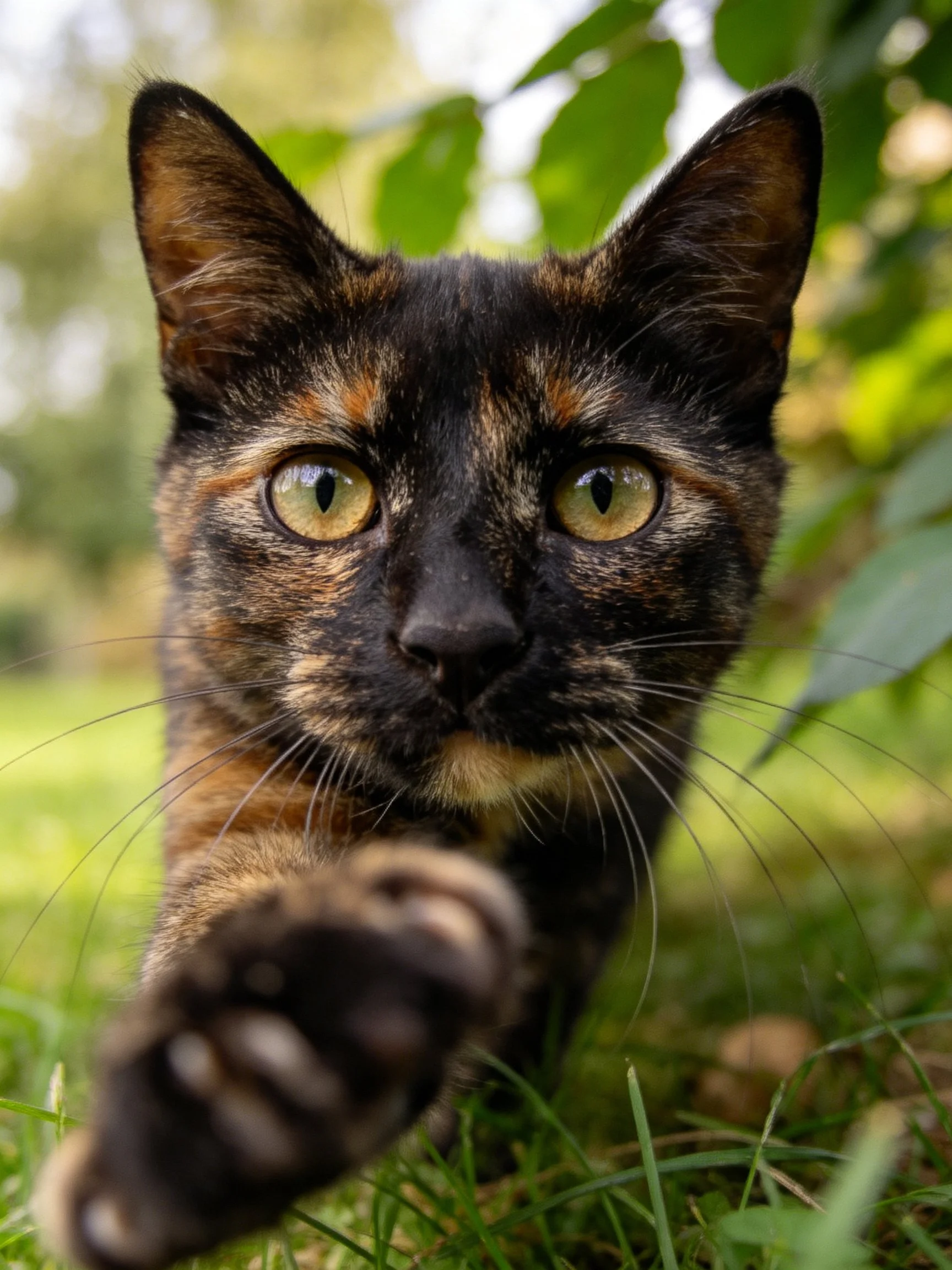 A tortoiseshell cat extends a paw toward the camera with vivid green eyes