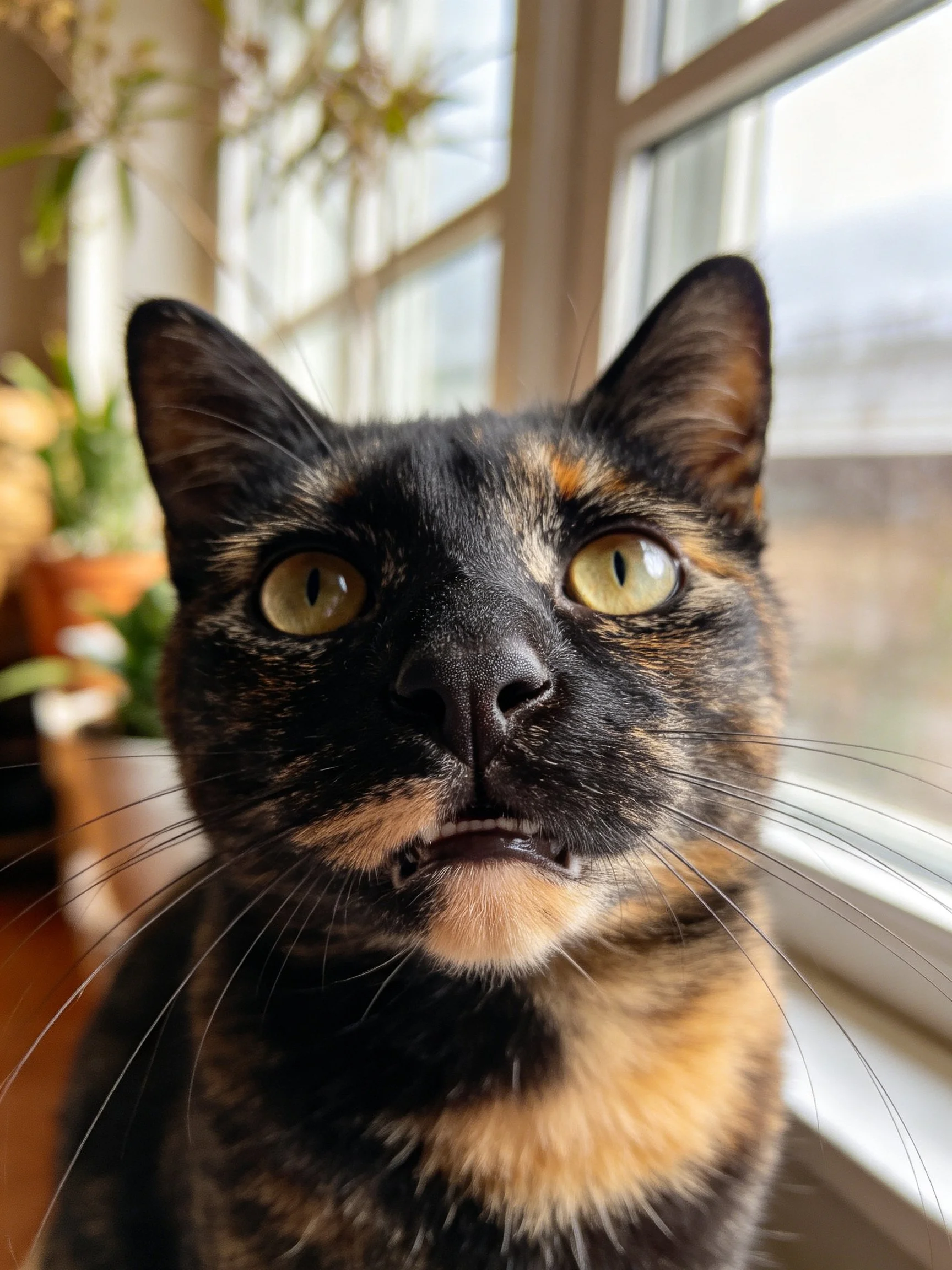 A tortoiseshell cat gazes upward near a sunlit window