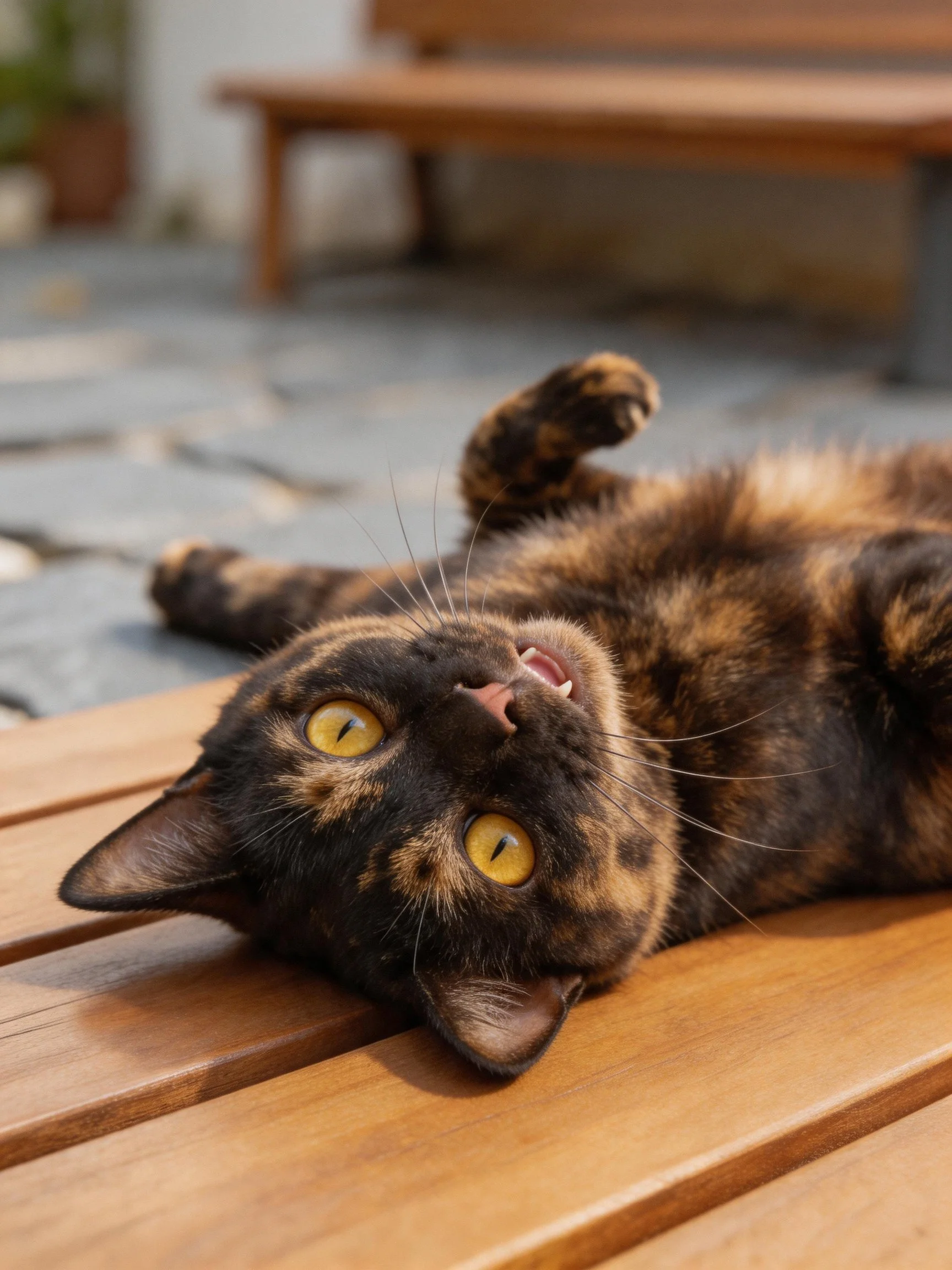A tortoiseshell cat relaxes on a wooden bench outdoors