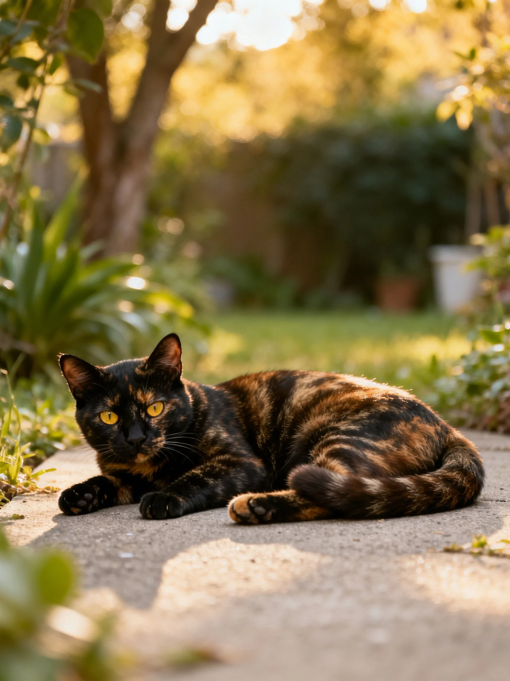 A tortoiseshell cat resting on a concrete path in a sunlit garden