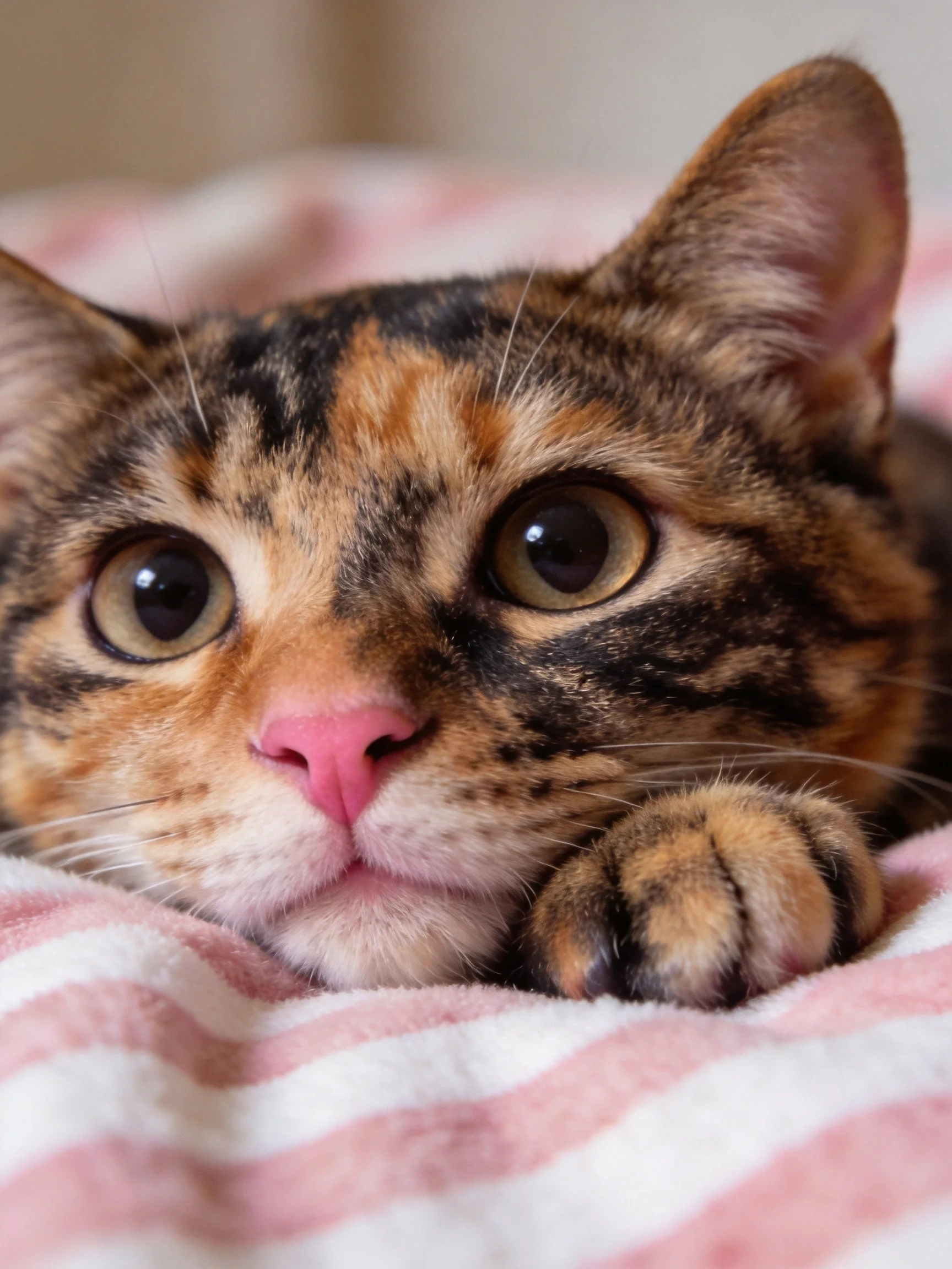 A tortoiseshell cat lies on a pink-and-white striped fabric with wide, curious eyes.