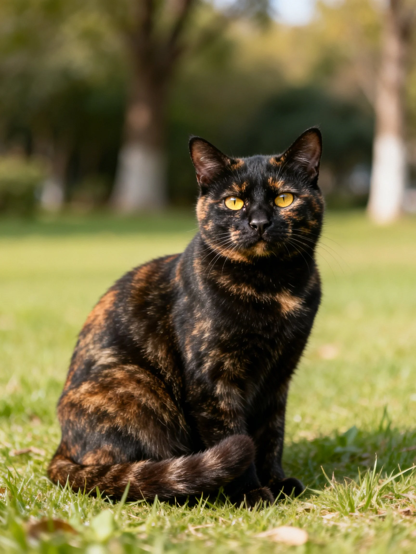 A tortoiseshell cat sits alertly on green grass outdoors.