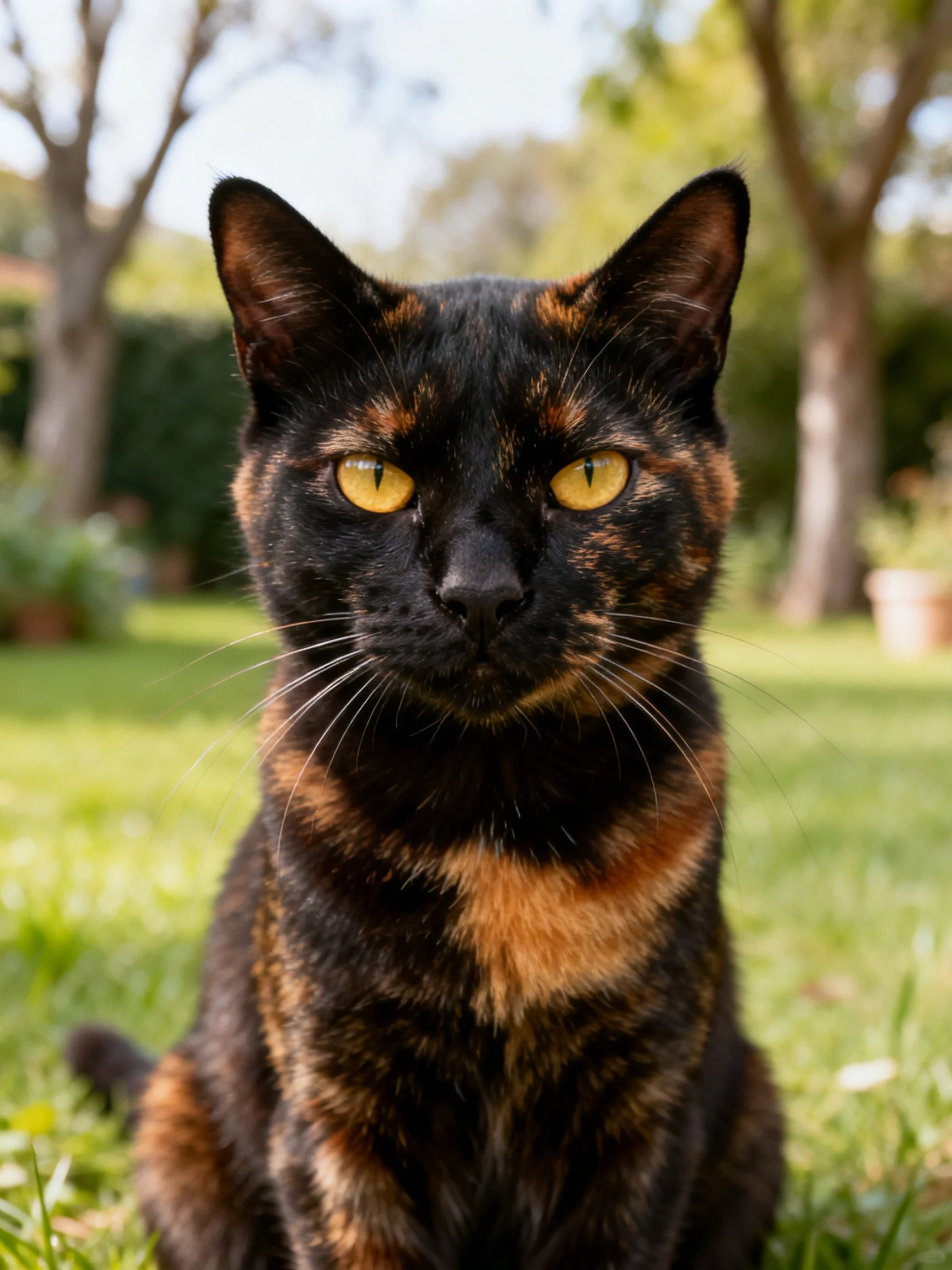 A tortoiseshell cat sits alertly on green grass