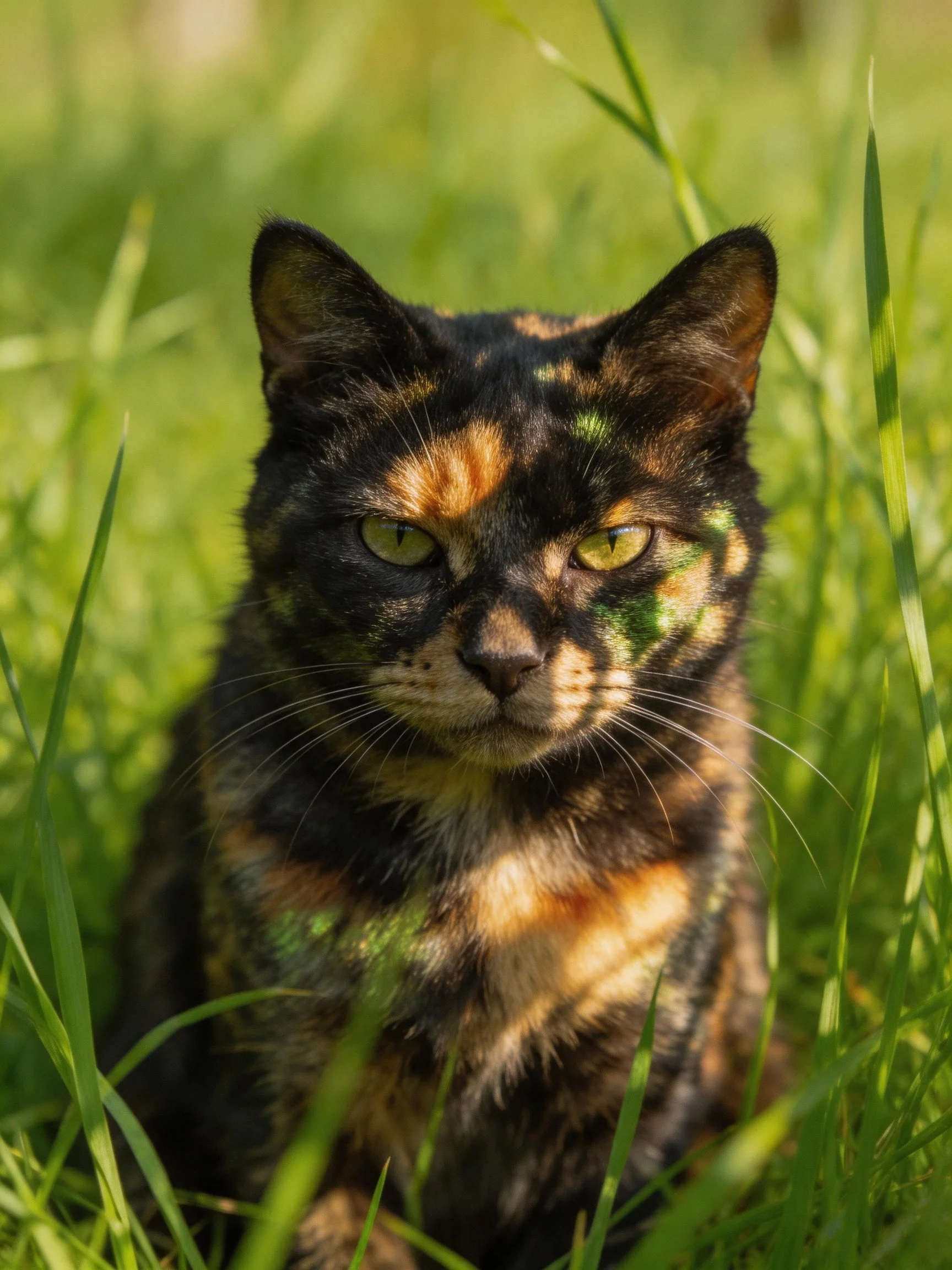 A tortoiseshell cat sits amid lush green grass with multicolored fur