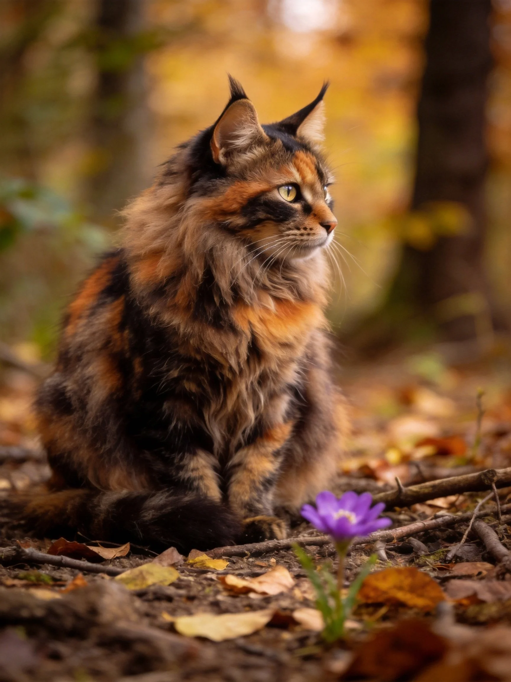 A tortoiseshell cat sits amid fallen autumn leaves next to a purple flower