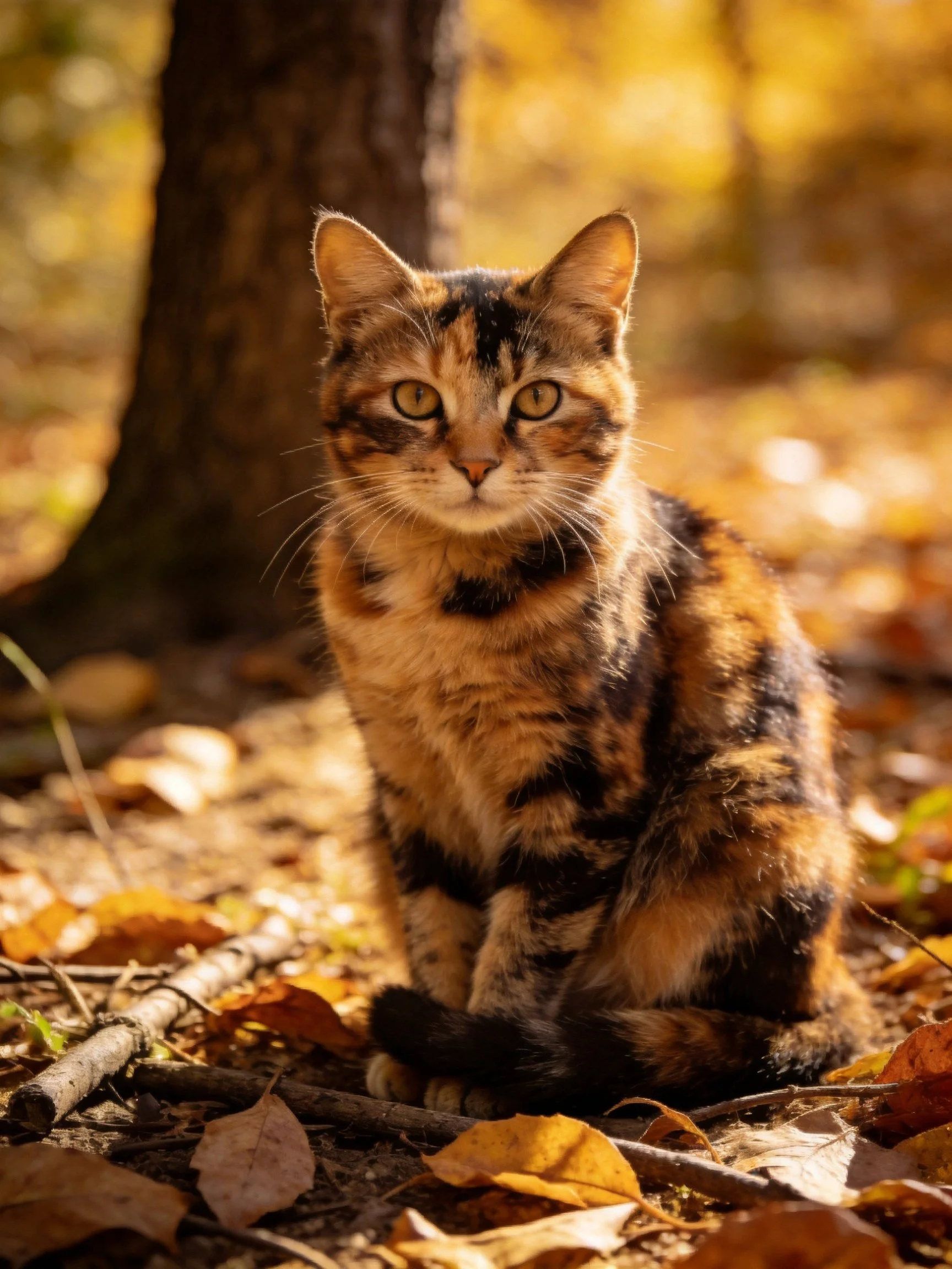 A tortoiseshell cat sits among autumn leaves near a tree trunk in a sunlit forest.