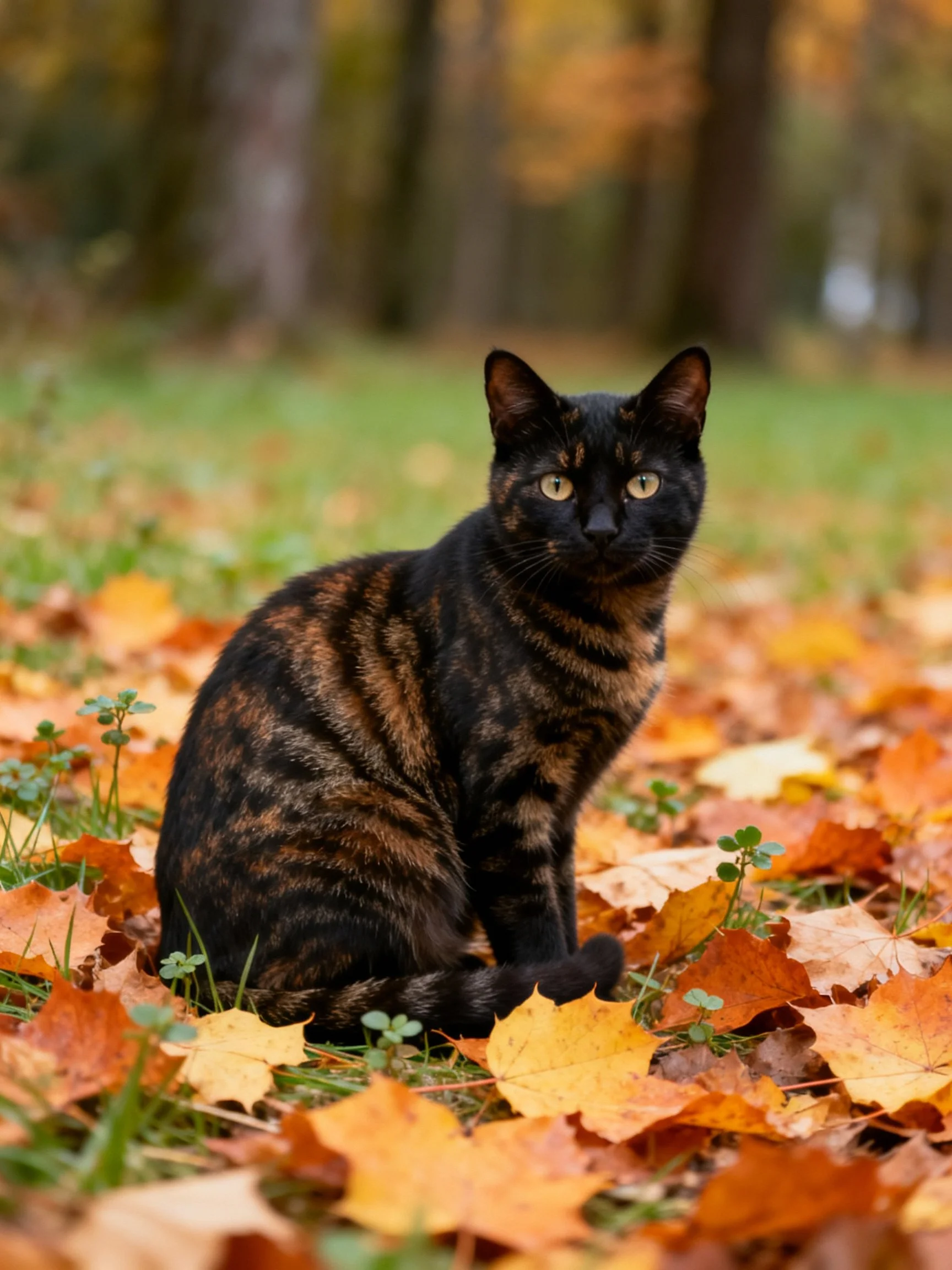 A tortoiseshell cat sits among autumn leaves in a forest.