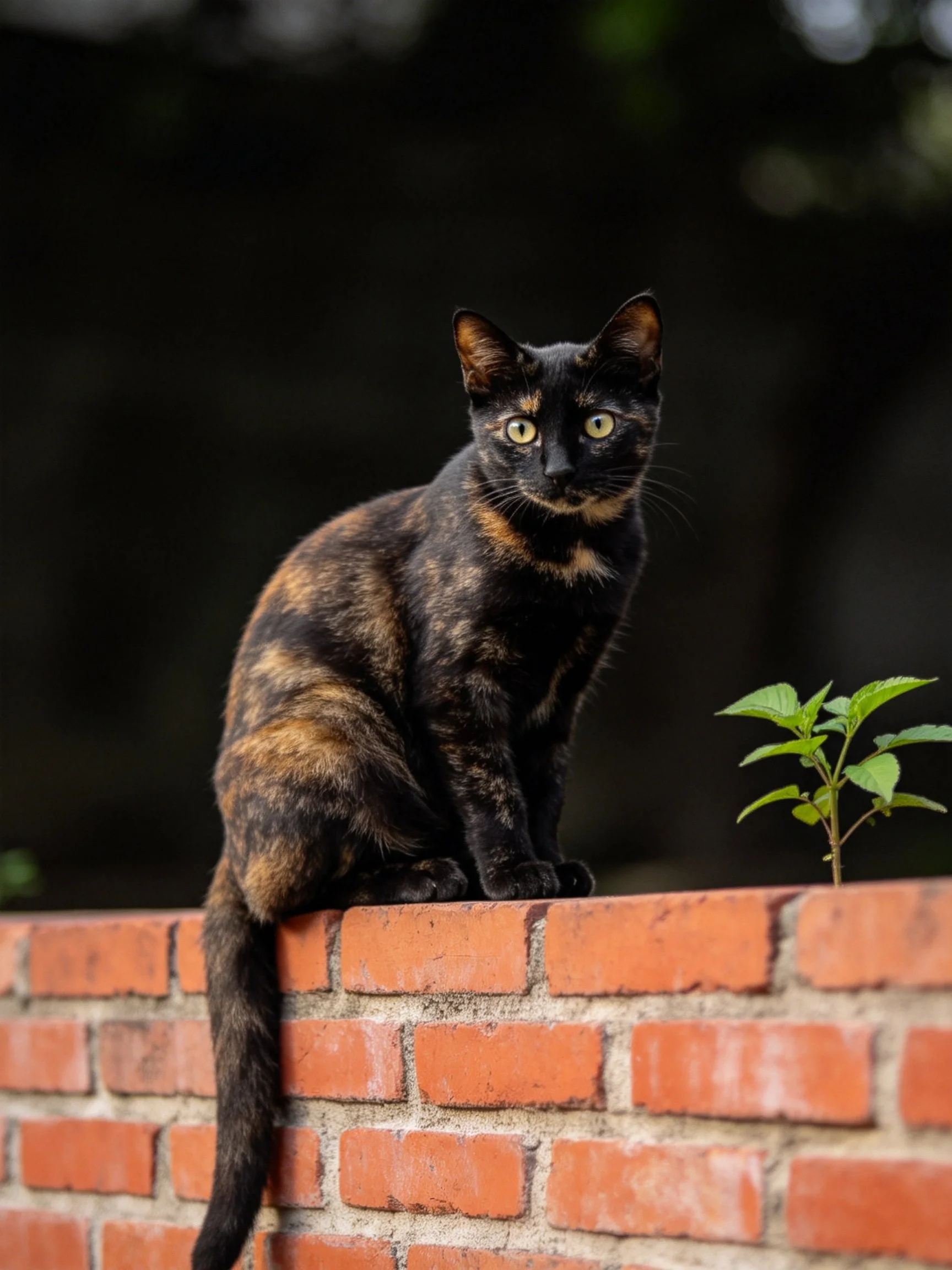 A tortoiseshell cat sits atop a red brick wall near a small green plant