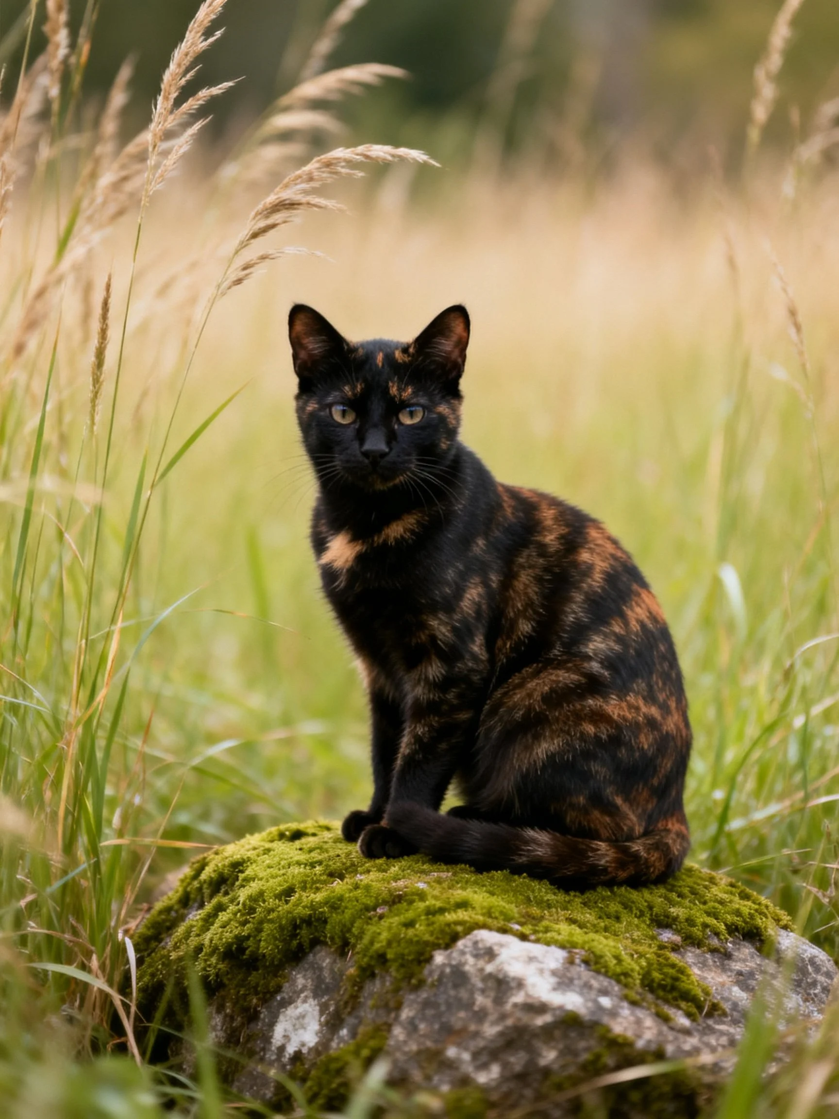 A tortoiseshell cat sits on a moss-covered rock amid tall grass