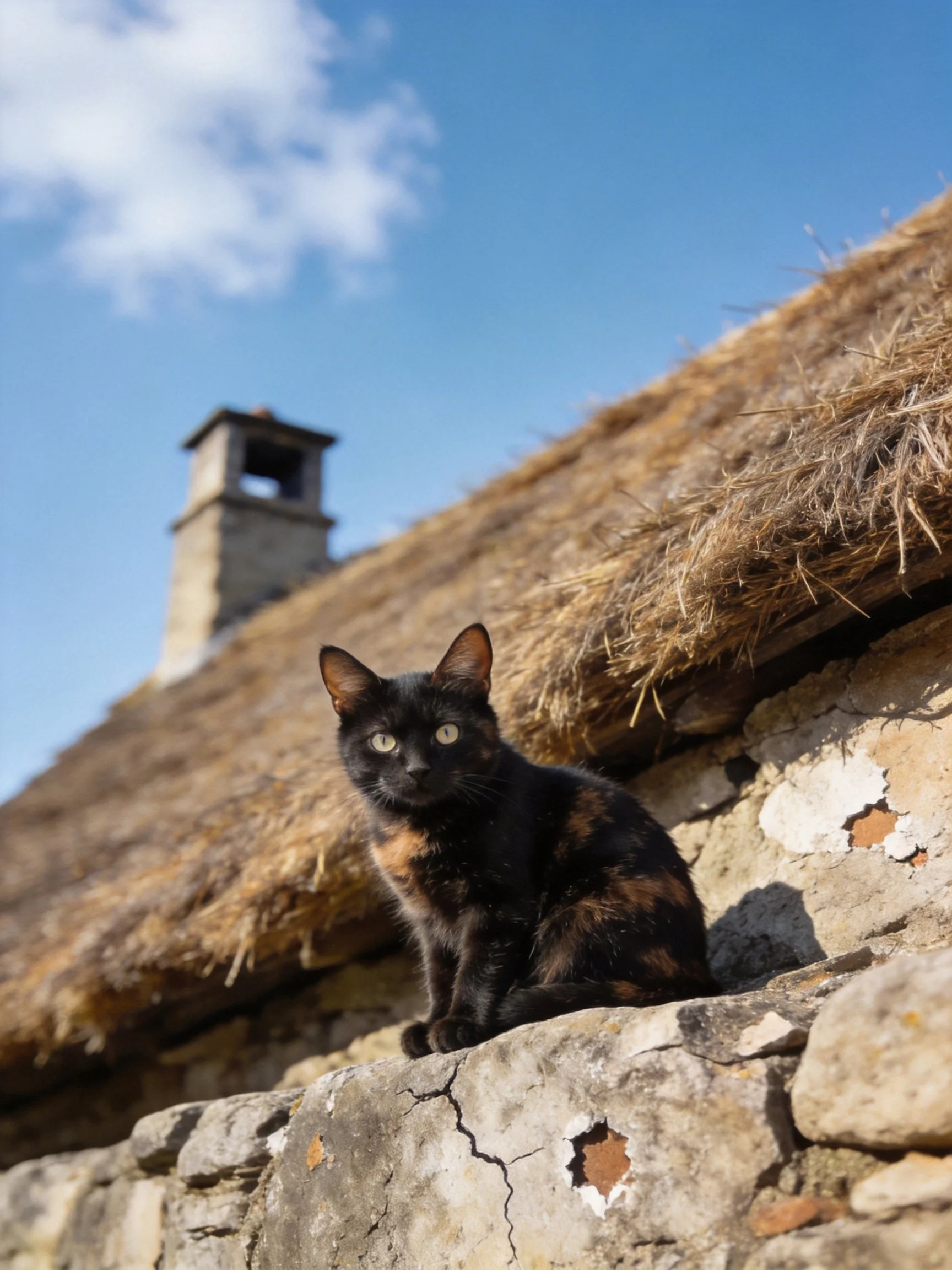 A tortoiseshell cat sits on a stone wall near an old thatched cottage.