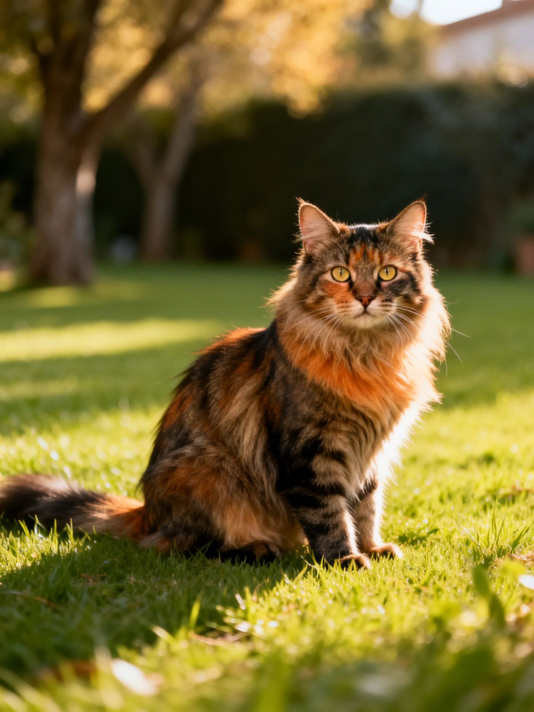 A tortoiseshell cat sits calmly on green grass in a sunlit outdoor area.