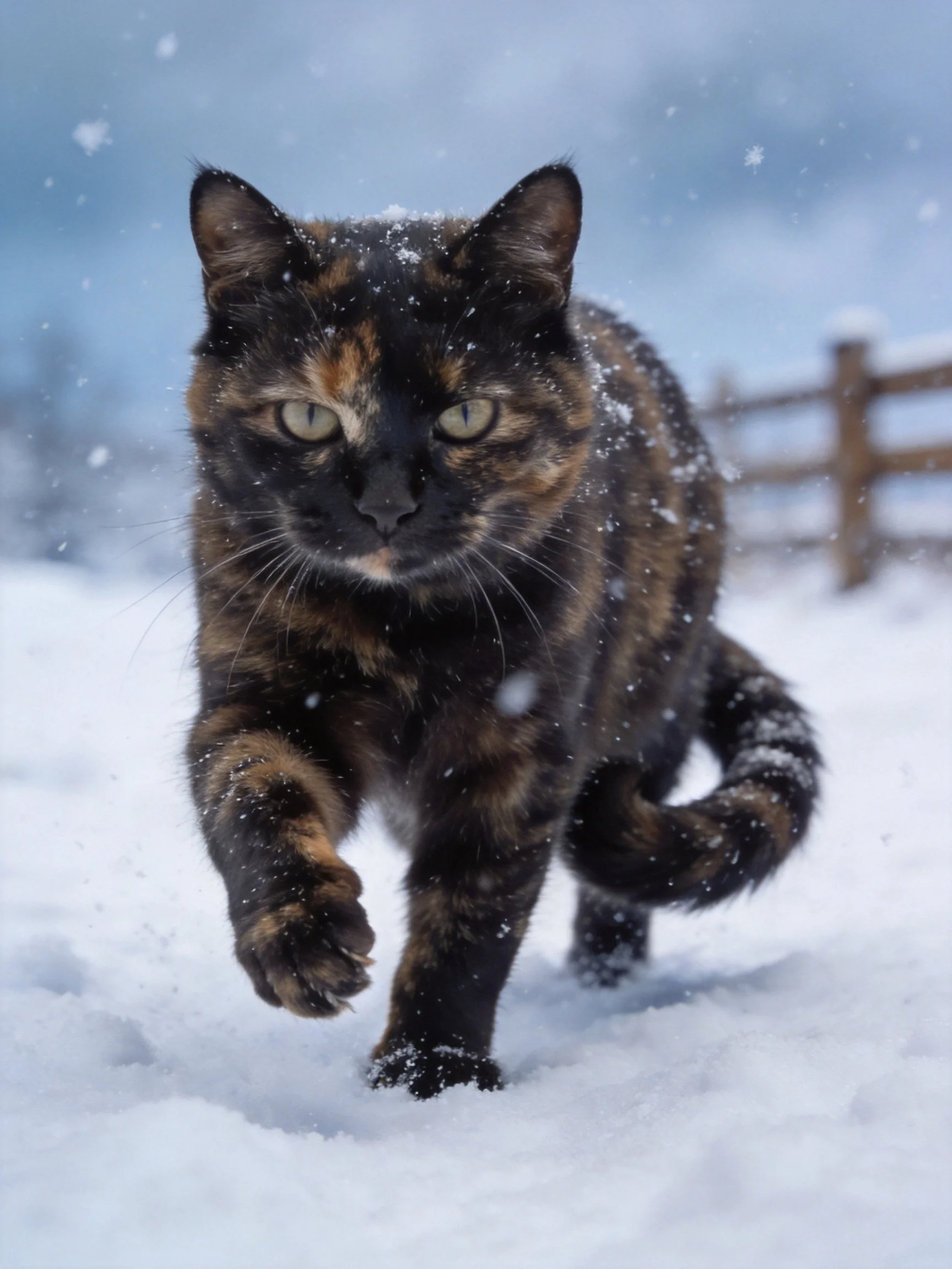 A tortoiseshell cat walks through falling snow near a wooden fence