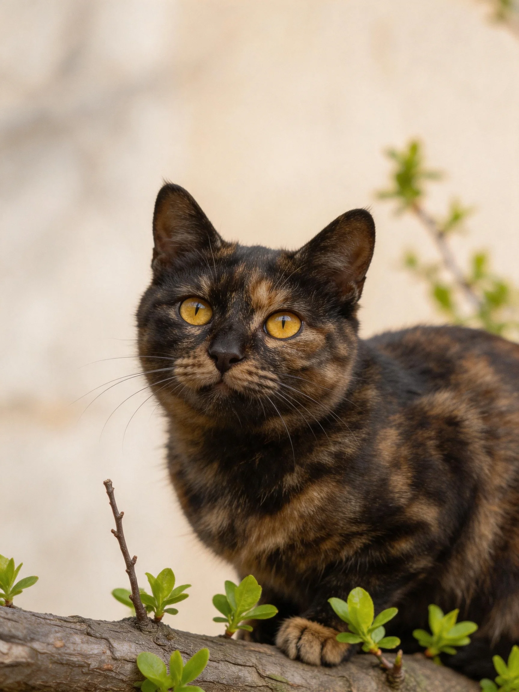 A tortoiseshell cat with amber eyes perched on a tree branch