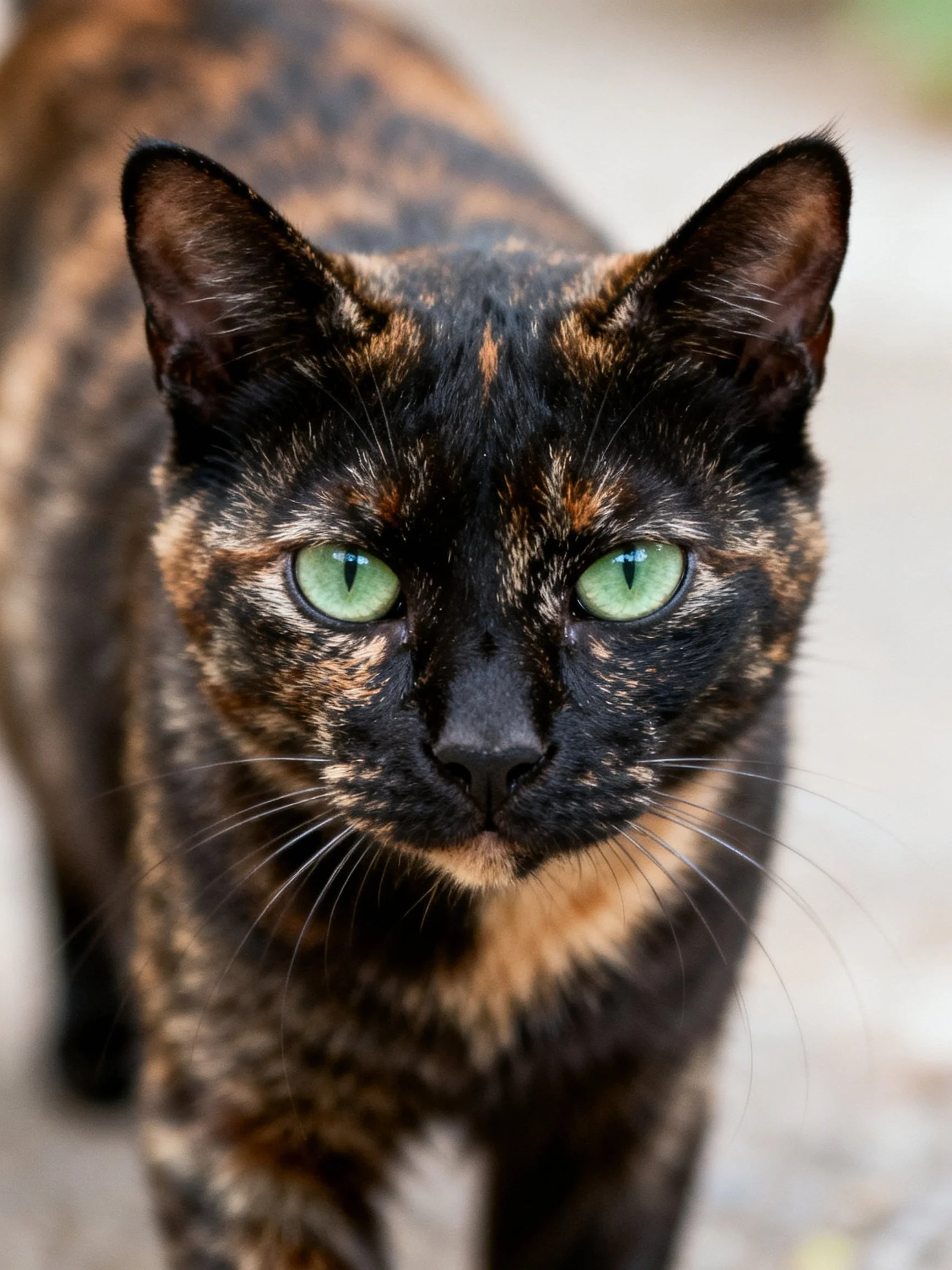 A tortoiseshell cat gazes directly at the camera with bright green eyes.