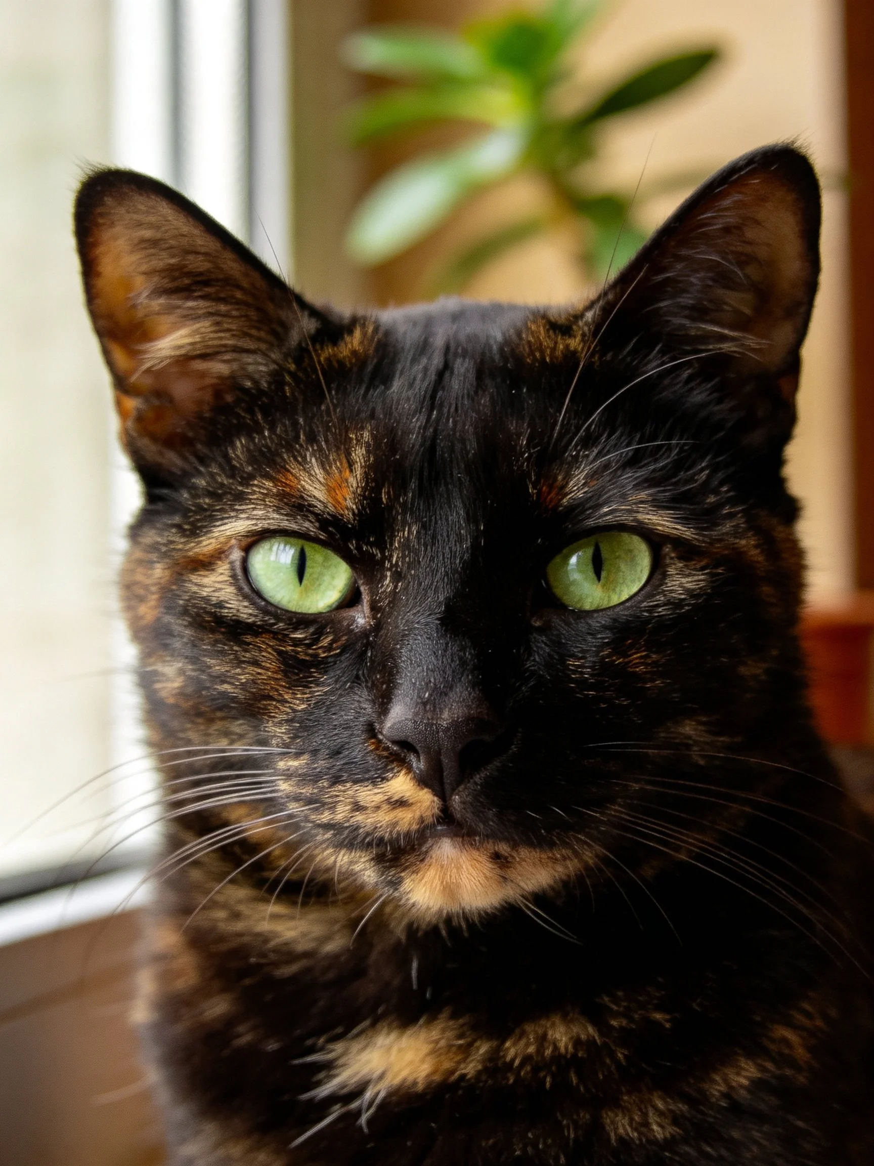 A tortoiseshell cat with bright green eyes near a sunlit window