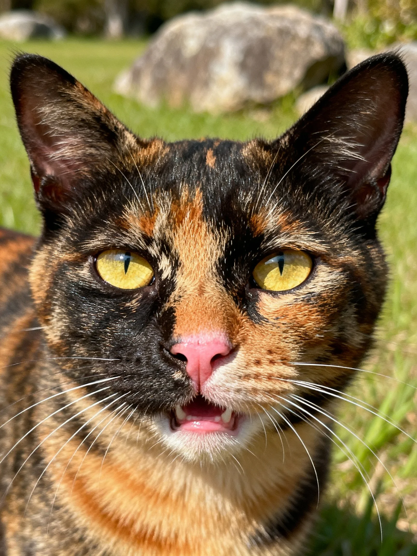 A tortoiseshell cat with yellow eyes is in a grassy area near rocks.