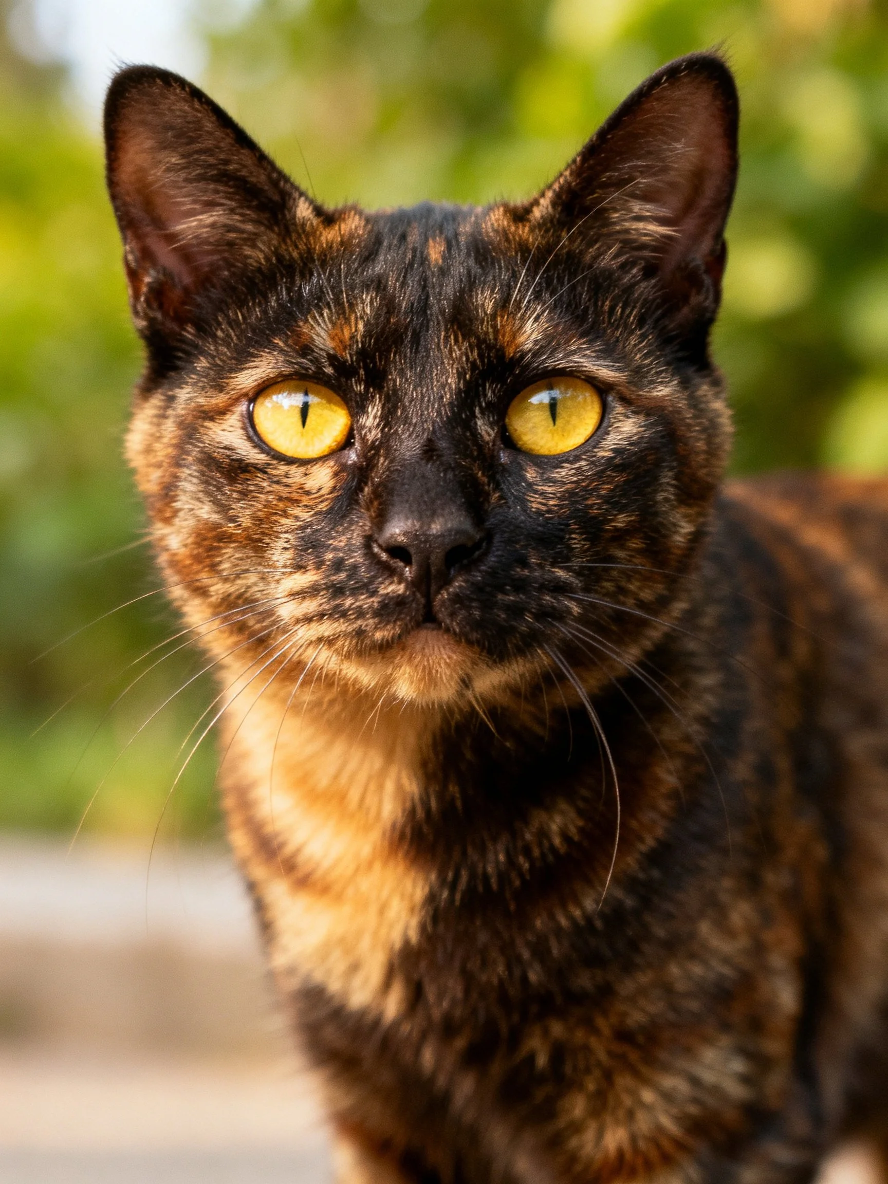 A close - up of a tortoiseshell cat with vivid yellow eyes amid a blurred green outdoor backdrop.