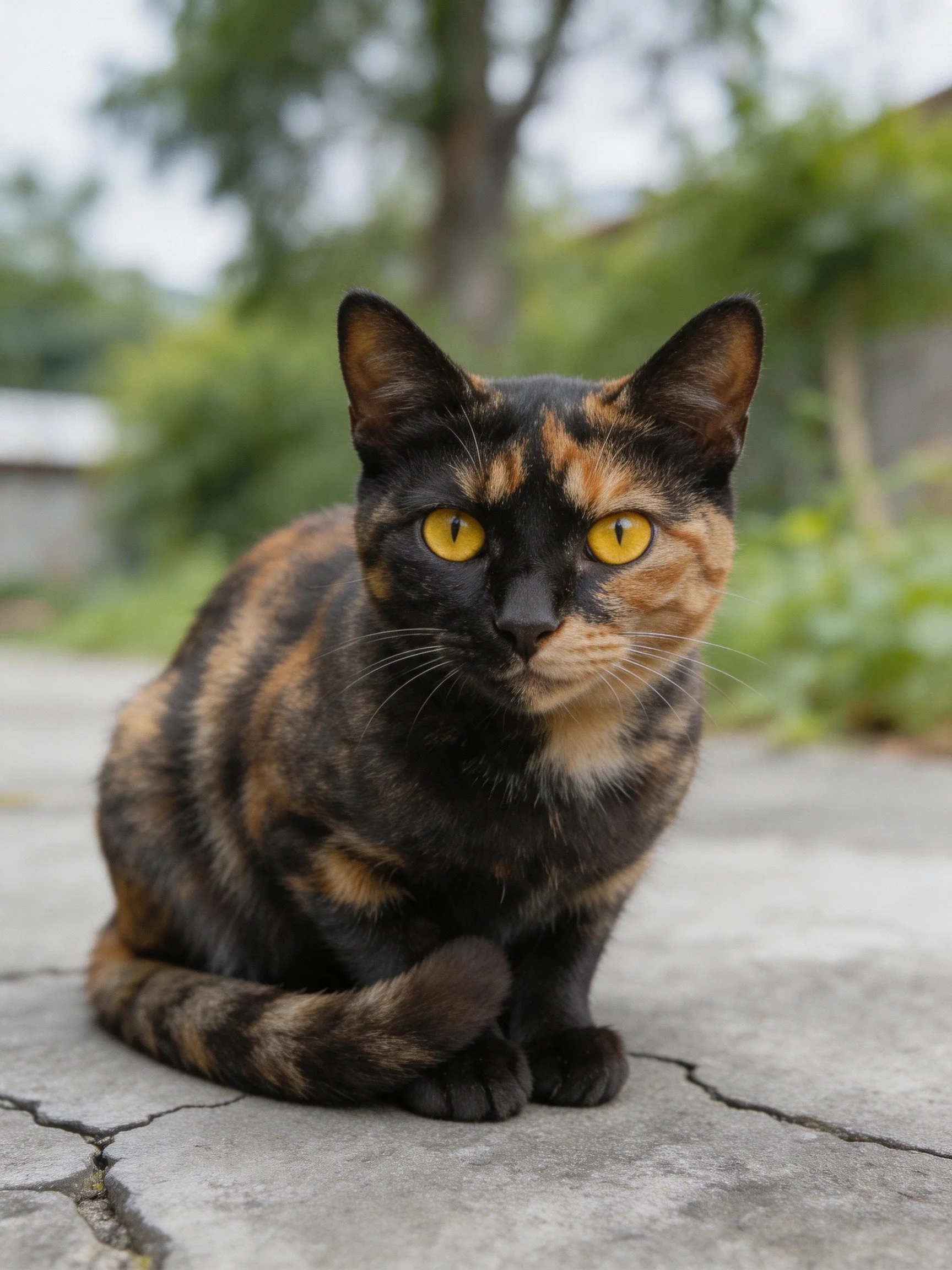 A tortoiseshell cat with yellow eyes sits on cracked pavement outdoors