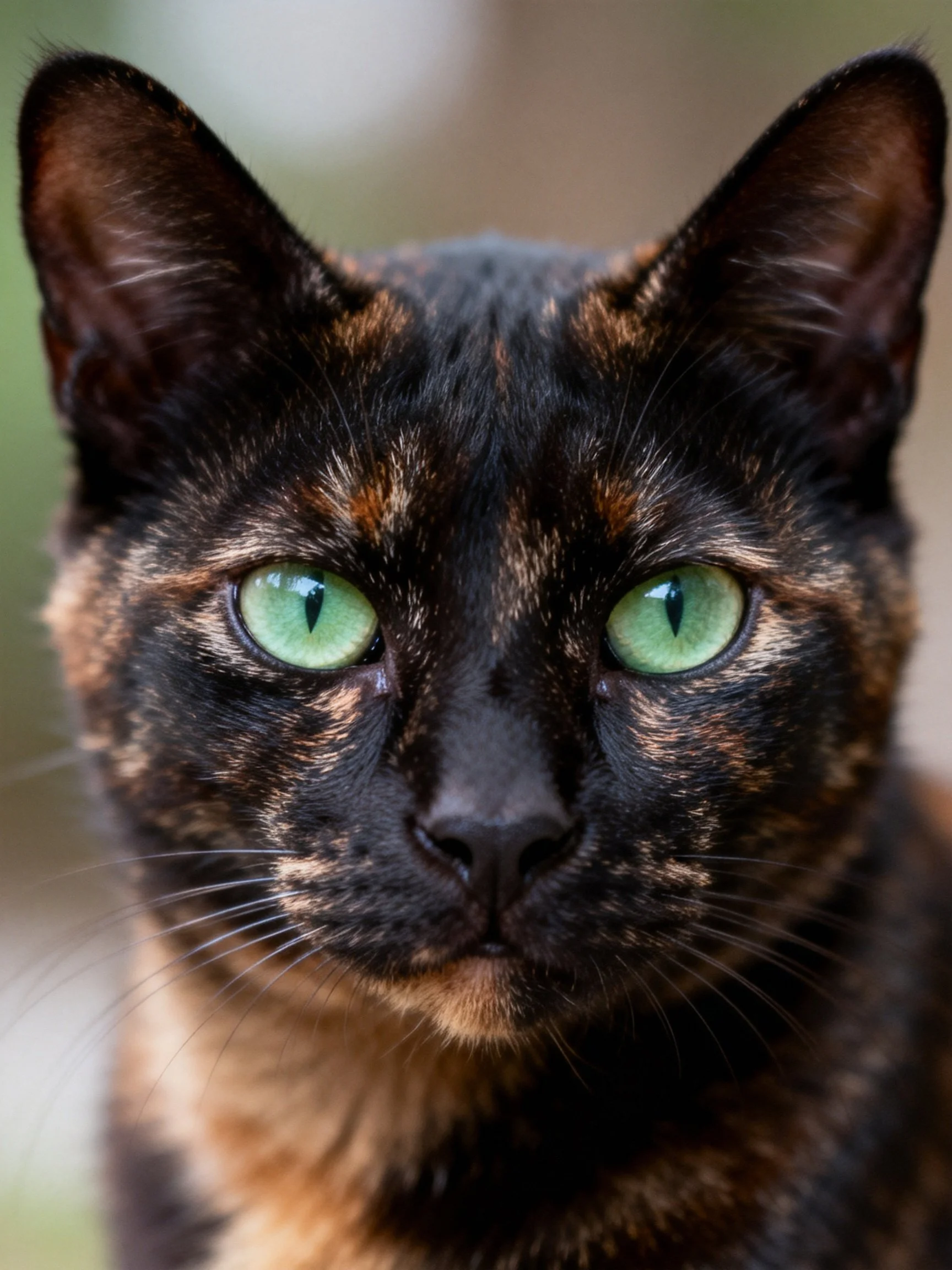 A tortoiseshell cat with striking green eyes and dark brown fur patterns