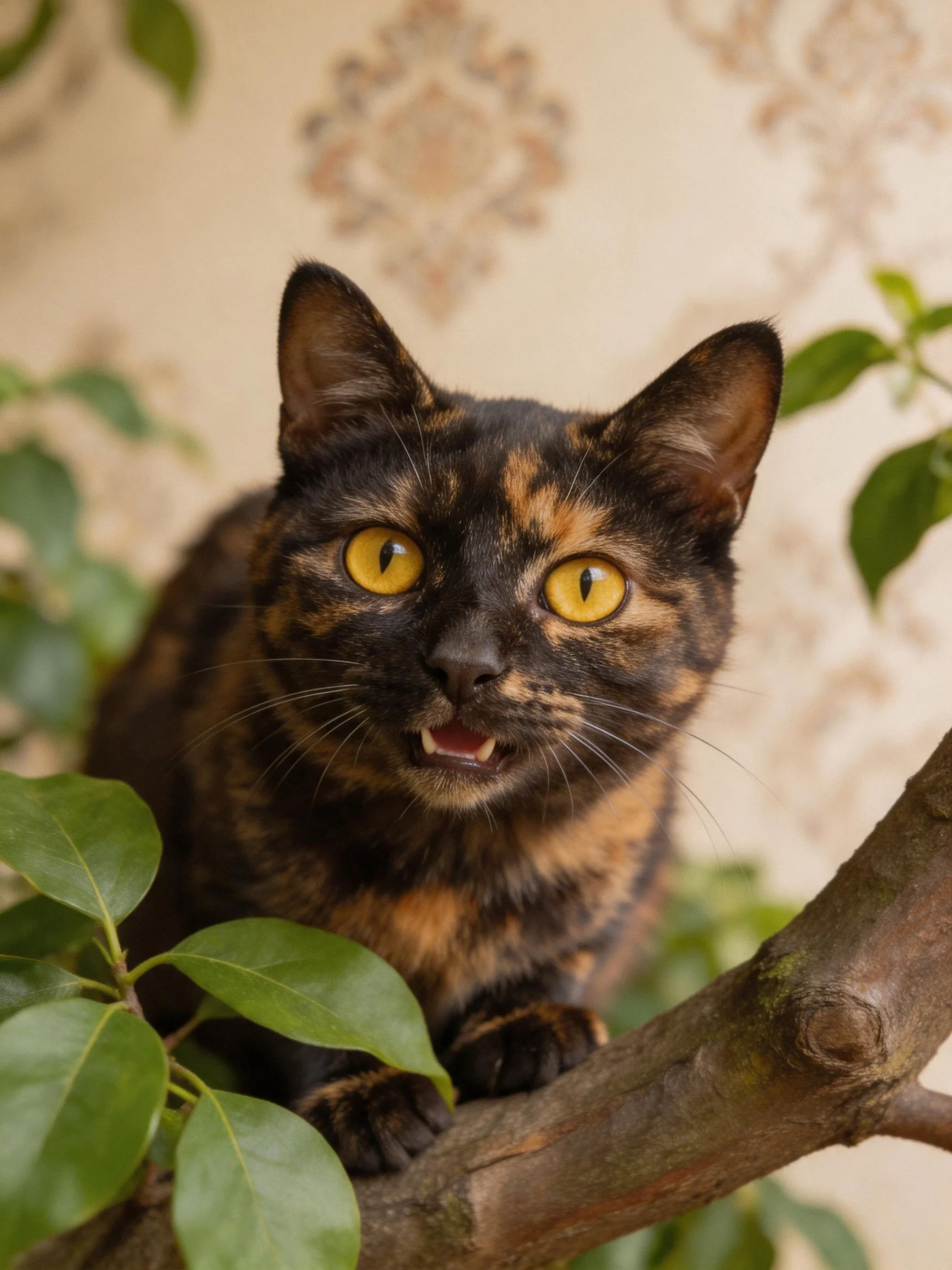 A tortoiseshell cat with yellow eyes sits on a tree branch amid green foliage.