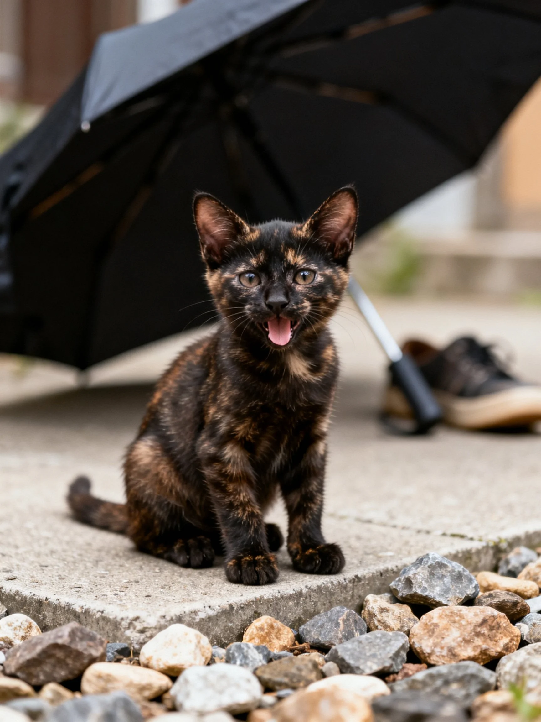 A tortoiseshell kitten sits near a black umbrella on a stone surface with pebbles
