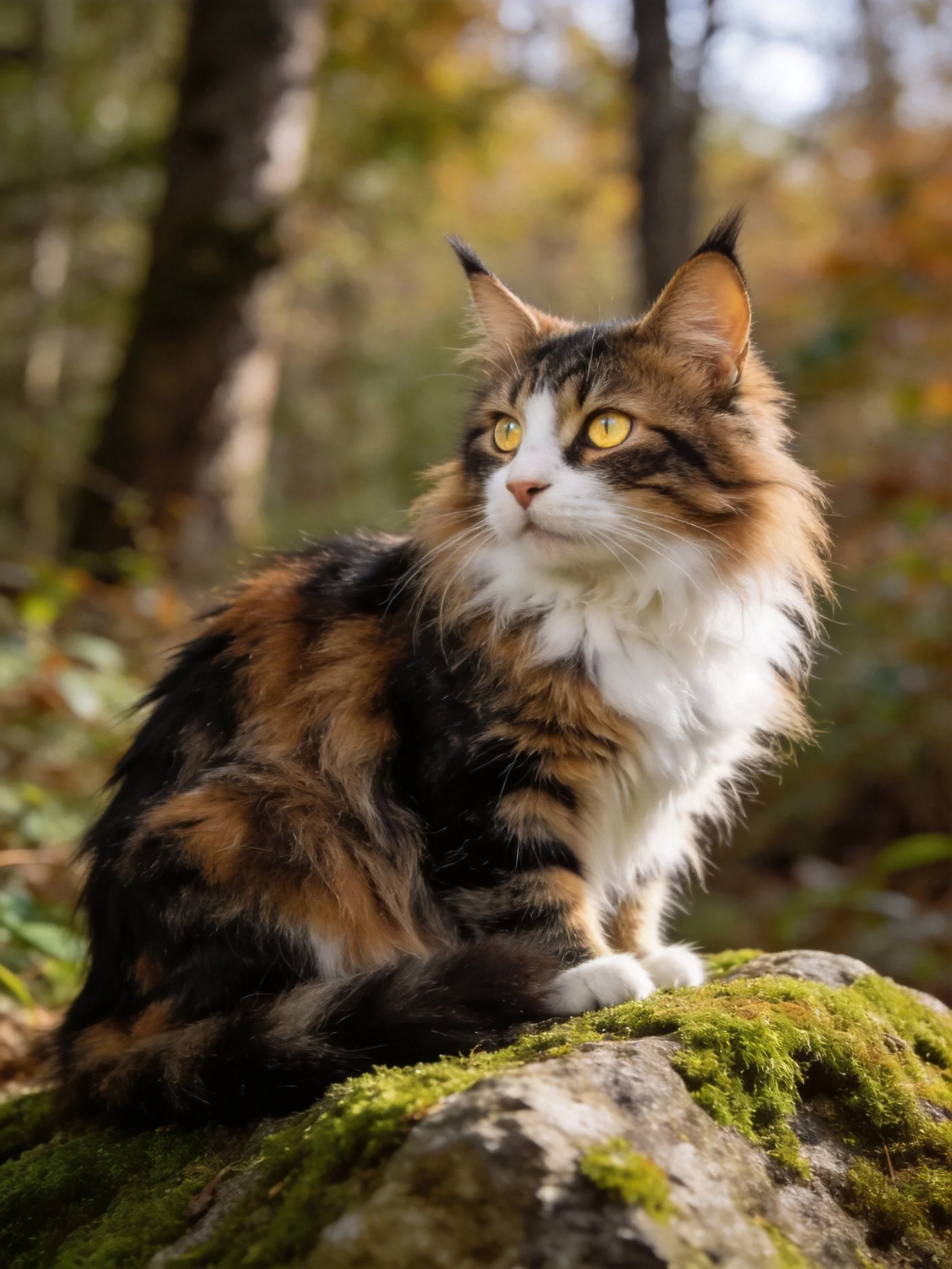 A tri-colored Maine Coon sits atop a moss-covered rock in autumn woods