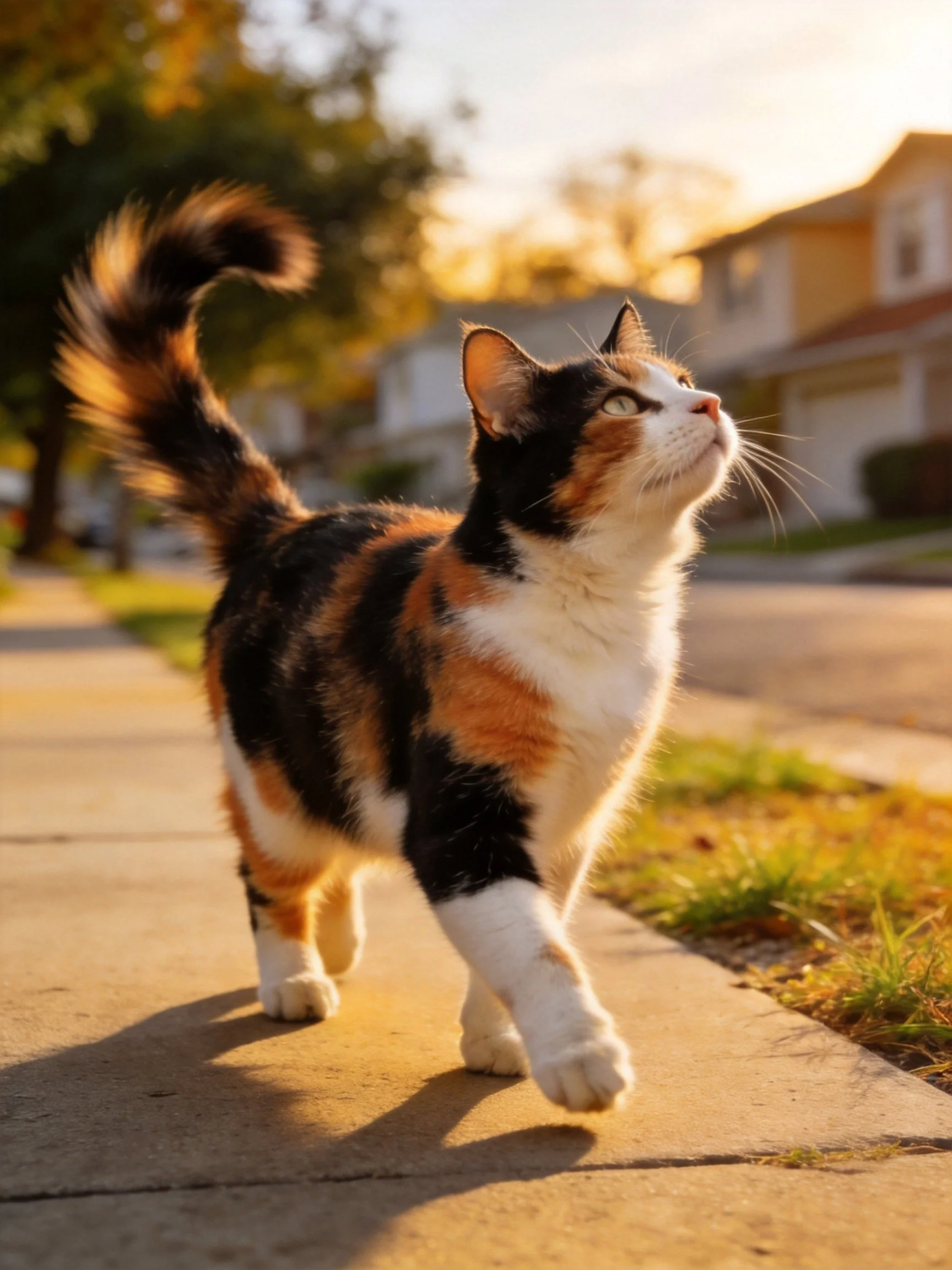 A tri-colored calico cat explores a sunlit residential sidewalk