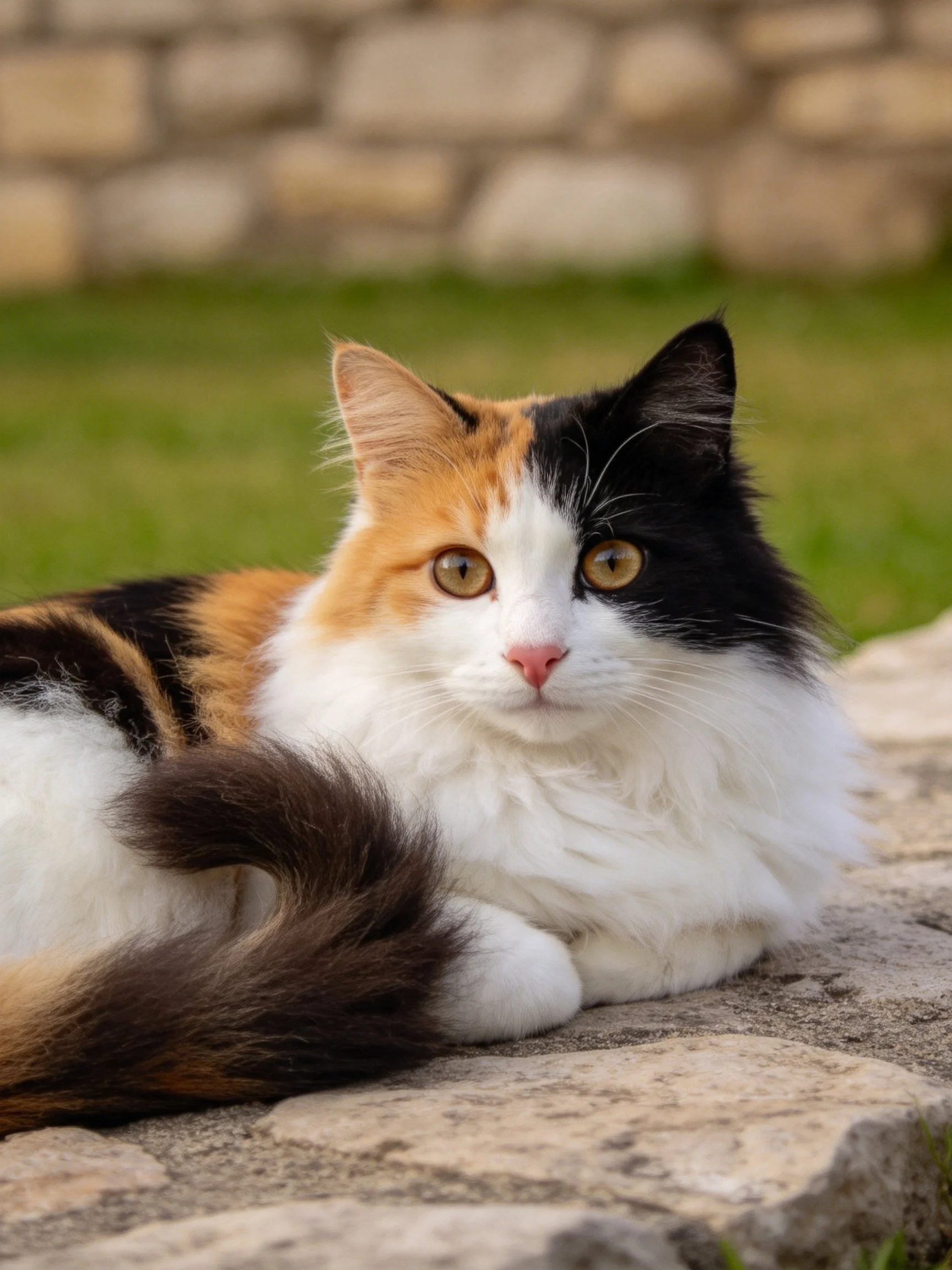 A tri-colored calico cat relaxes on a stone surface amid green surroundings.
