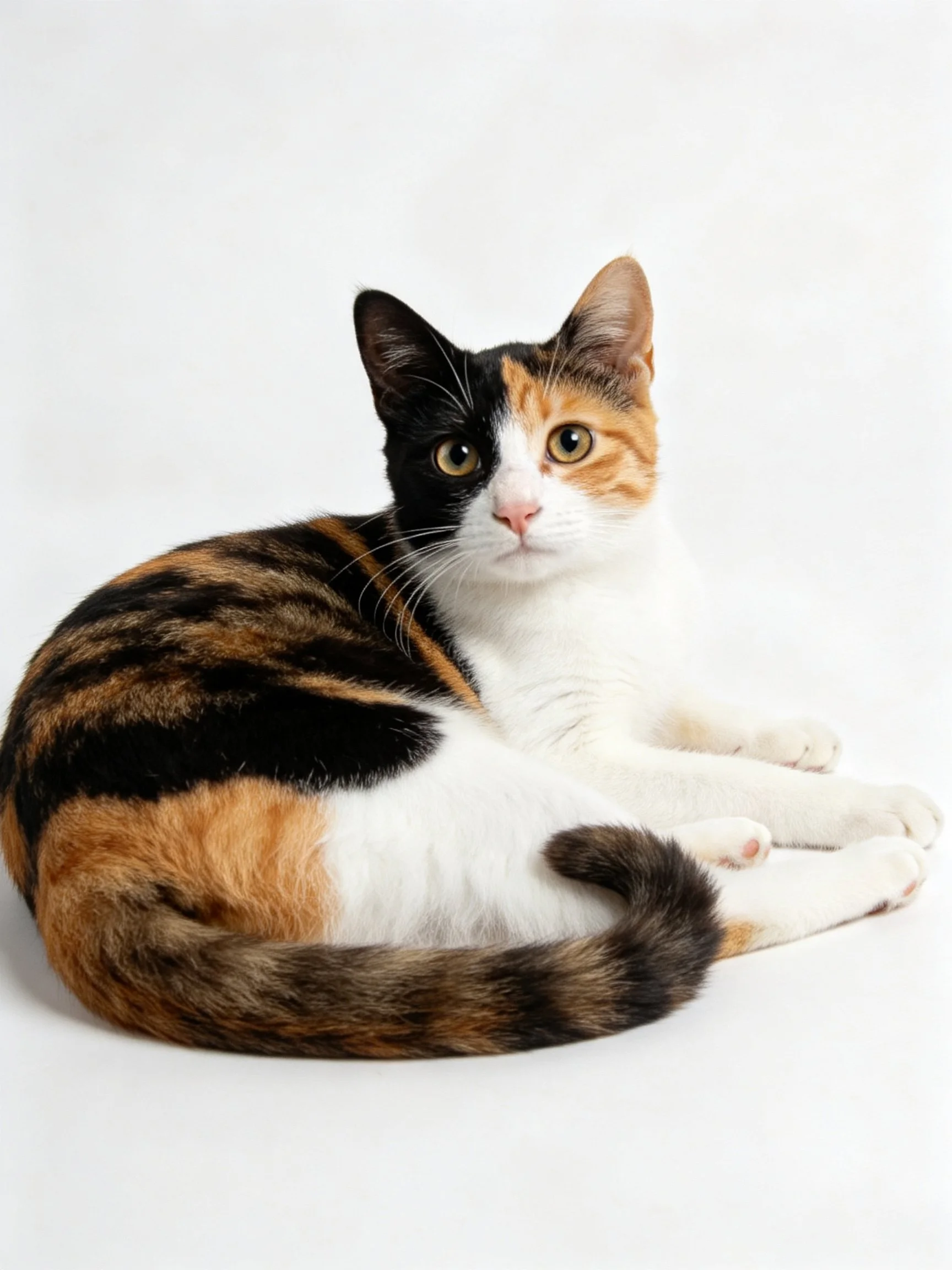 A tri - colored calico cat resting on a white surface