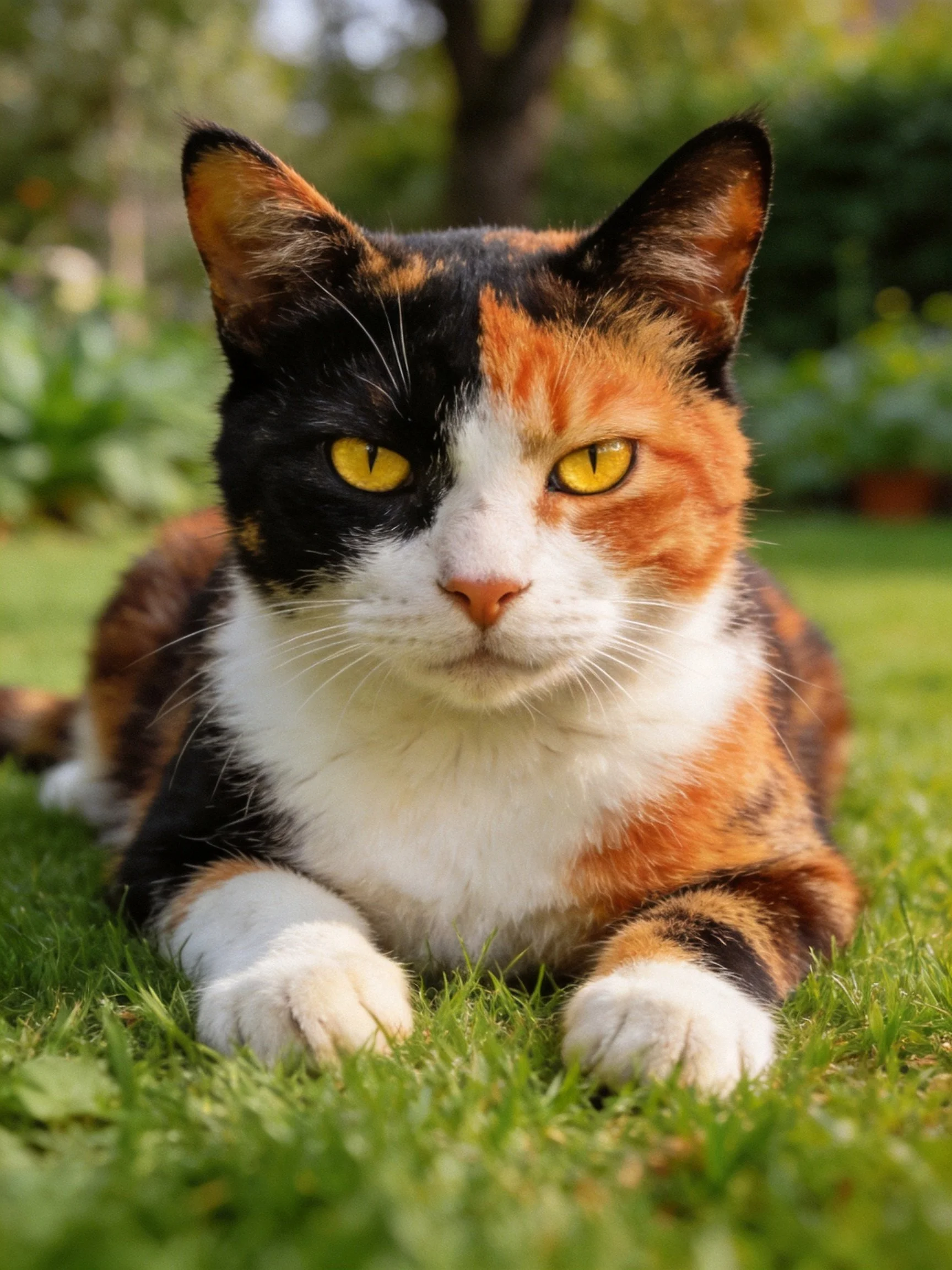 A calico cat with distinct color patches relaxes on grass outdoors.